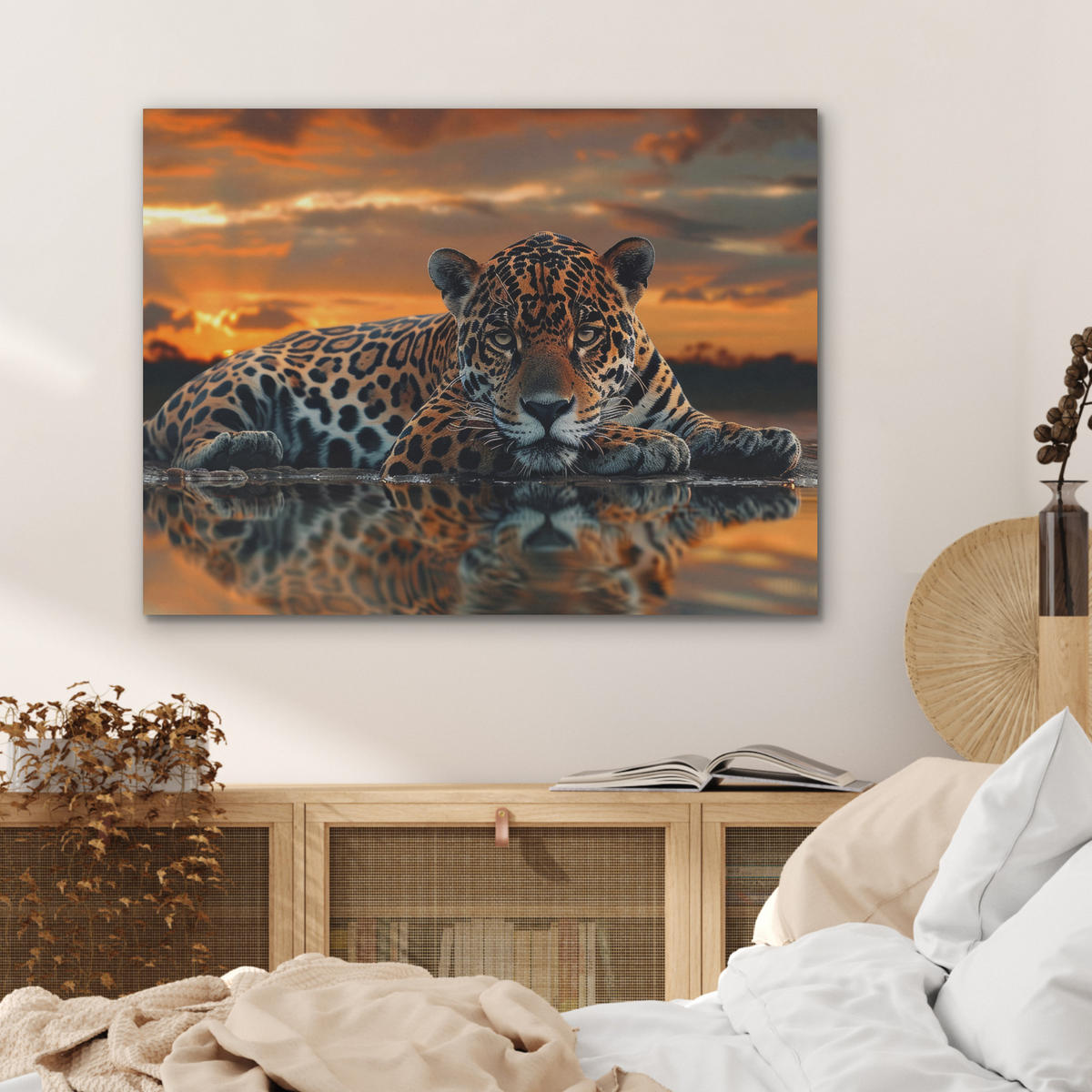 AKUSTIKPANEEL Natur - Leopard - Tier - Sonnenuntergang - Modern 80x60 cm - Orange, Textil (80/0.9/60cm) - MuchoWow
