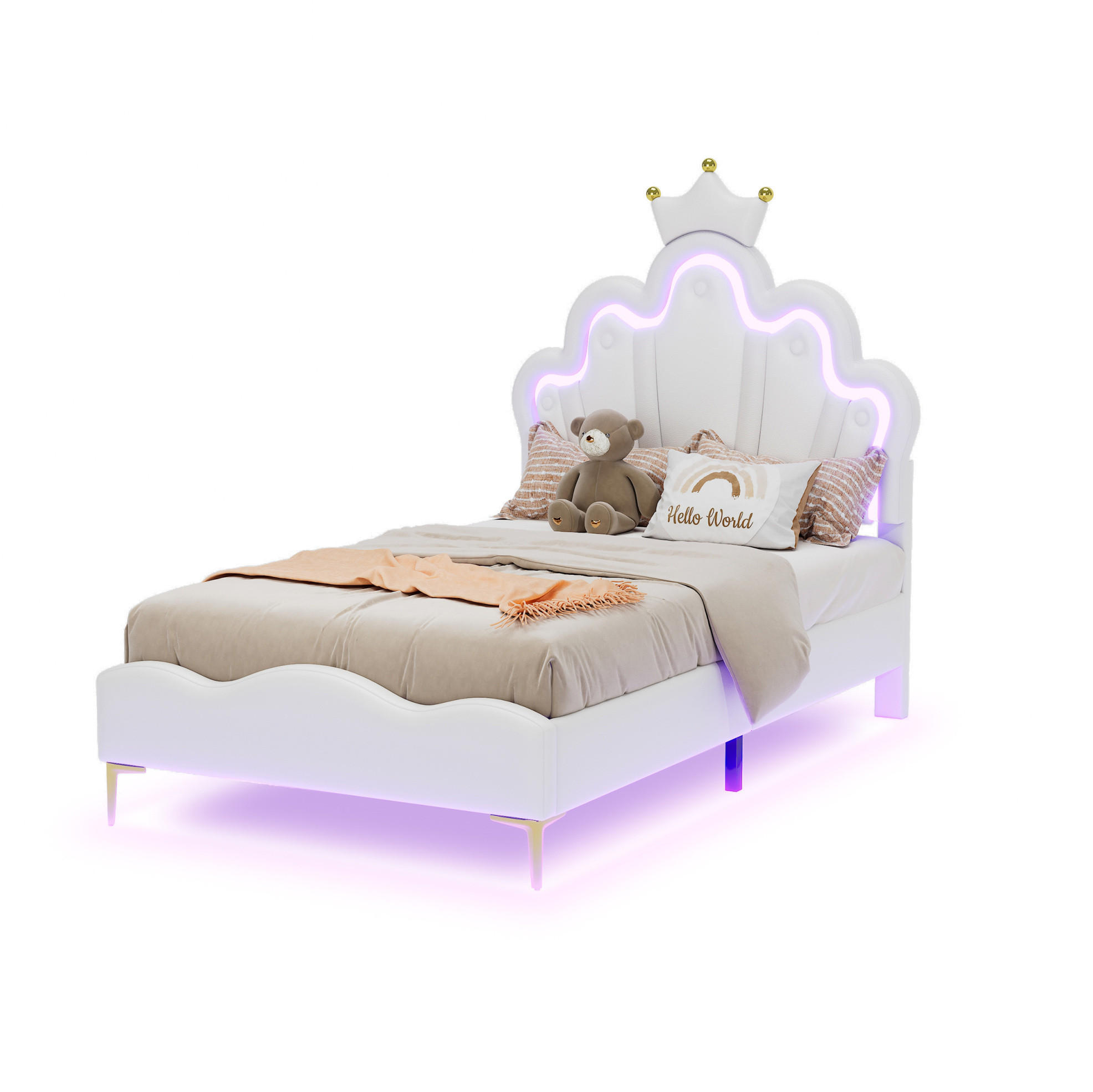 KINDERBETT 90/200 cm in Weiß aus PU mit LED-Beleuchtung und Kronen-Design - Weiß, Kunststoff (90/200cm) - Flora Grace