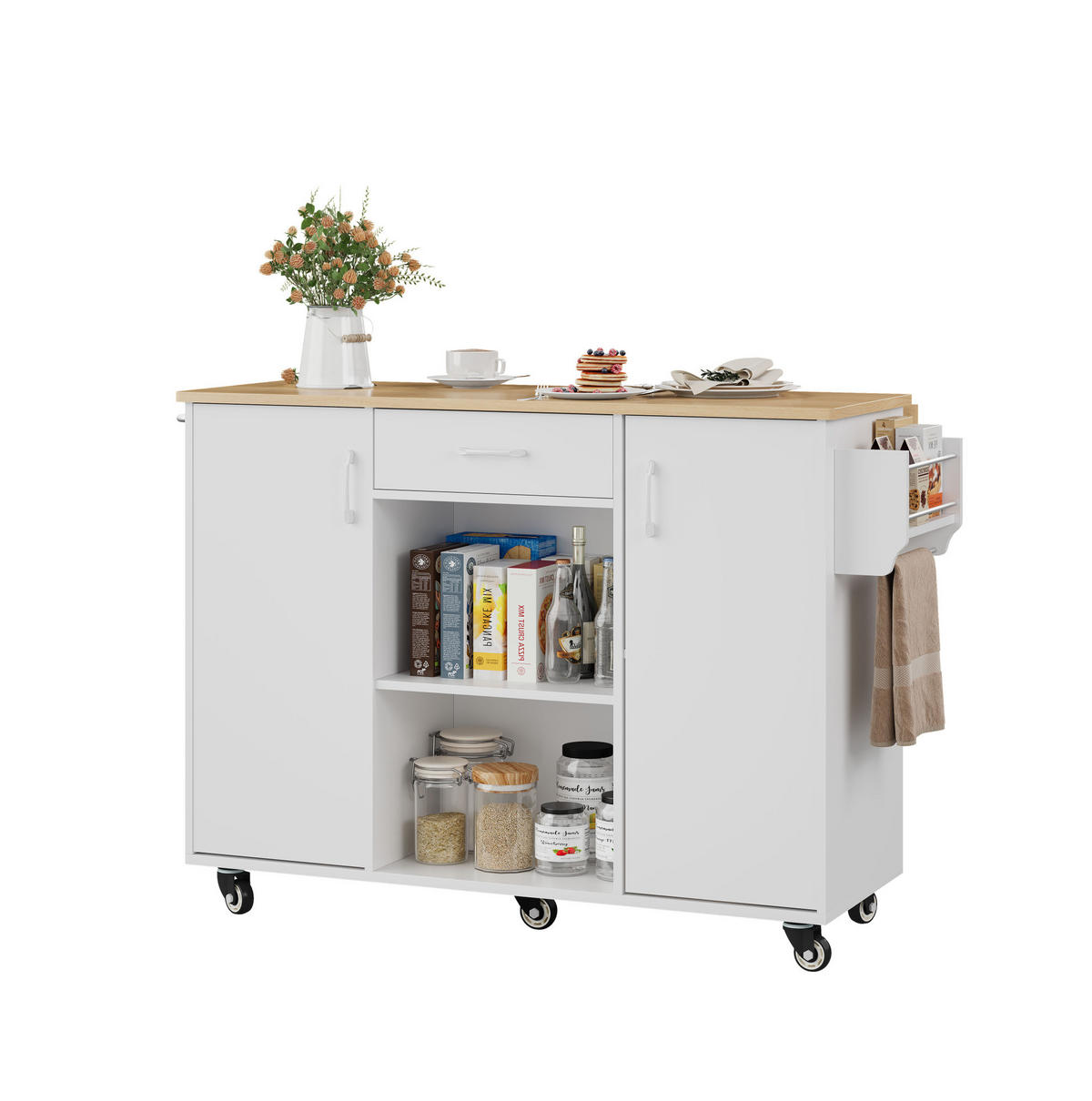 KÜCHENWAGEN mit klappbarer Arbeitsplatte, Schublade und Schränken, White+Natural - Weiß, Holz (67.5/92.8/136.5cm) - Beauniv