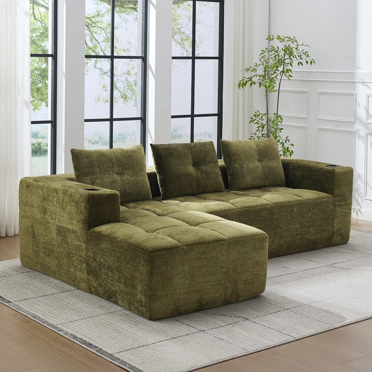 4-SITZER ECKSOFA Polyester Grün mit Becherhaltern - Grün, Textil (258/163cm) - WISHDOR