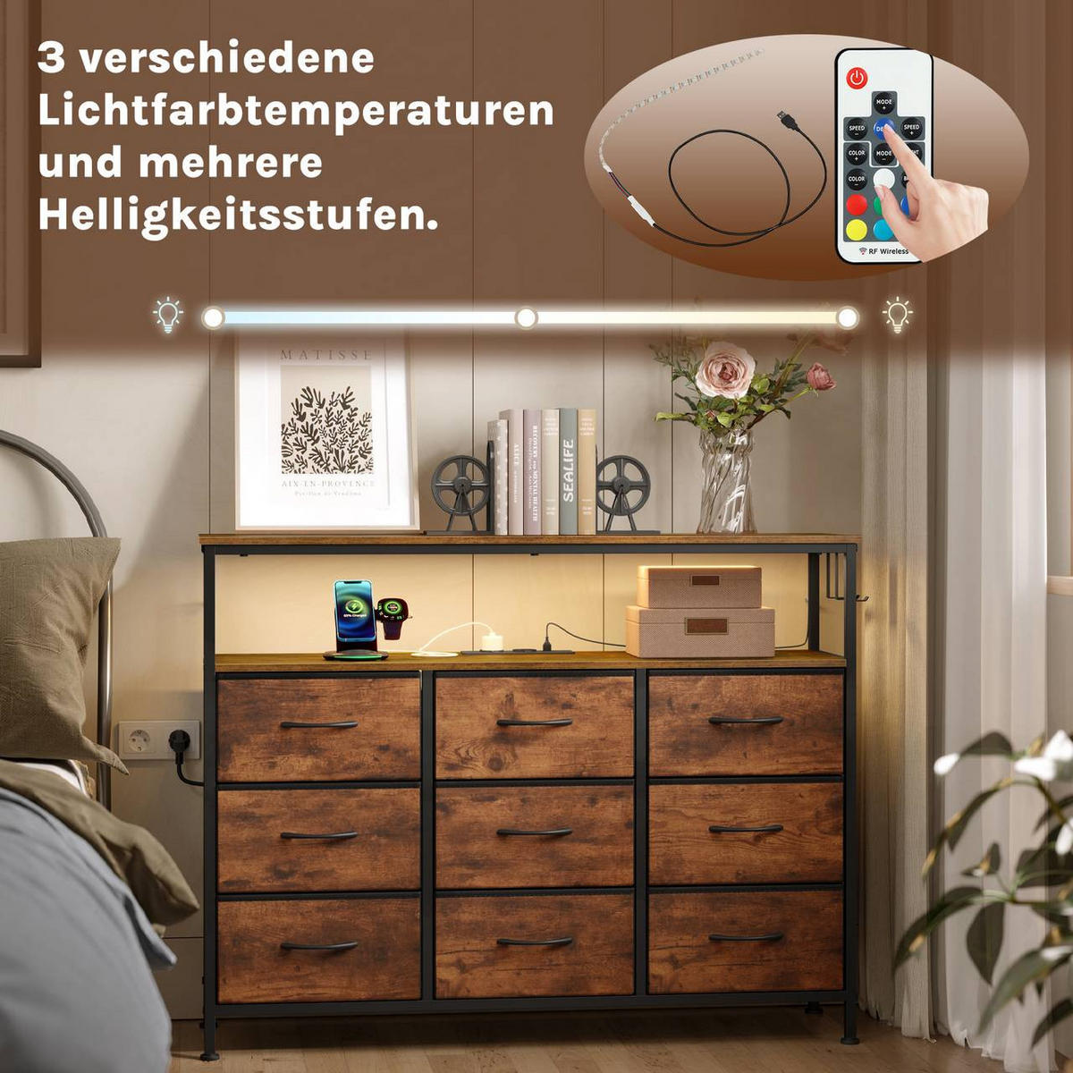 KOMMODE mit 9 Schubladen, LED, Steckdosen, Rustikales Braun - Dunkelbraun/Schwarz, Holzwerkstoff/Textil (110/85/30cm) - Woltu