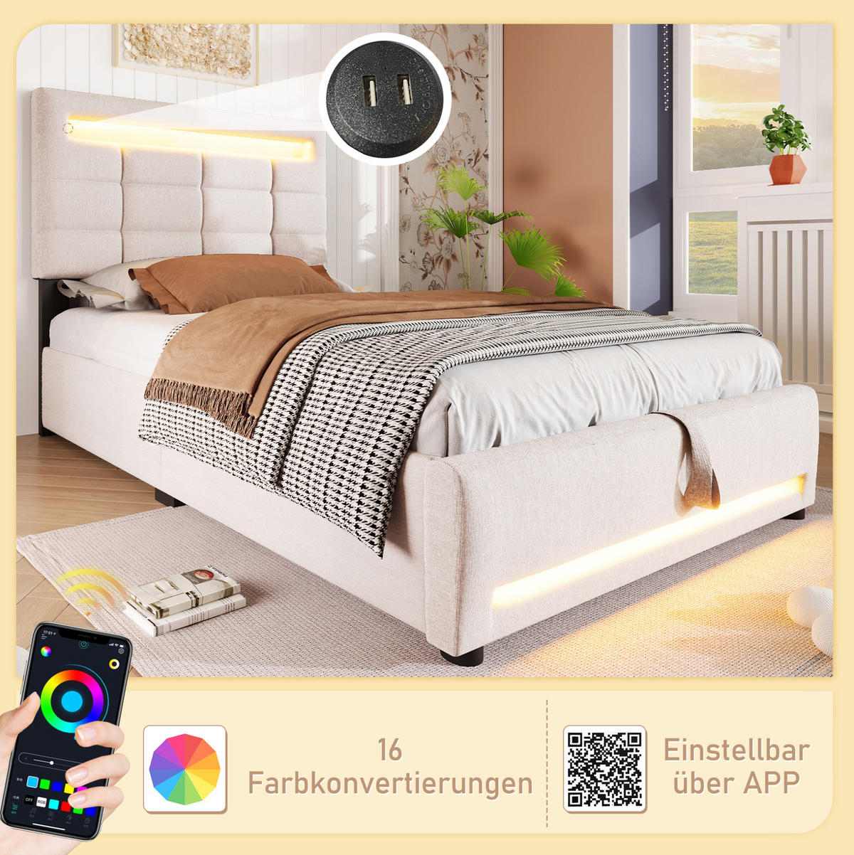 POLSTERBETT 90/200 cm mit App-gesteuerter LED-Beleuchtung, USB-Anschluss und hydraulischem Bettkasten, Beige - Beige, Textil (90/200cm) - Redom