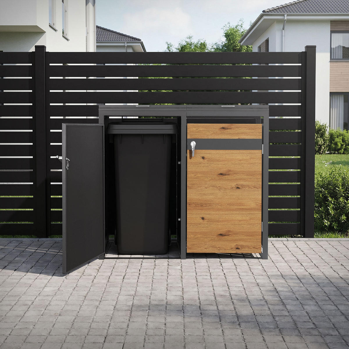 MÜLLTONNENBOX 2er Anthrazit-Eichenoptik - Braun, Metall (132/120/80cm) - ML-DESIGN