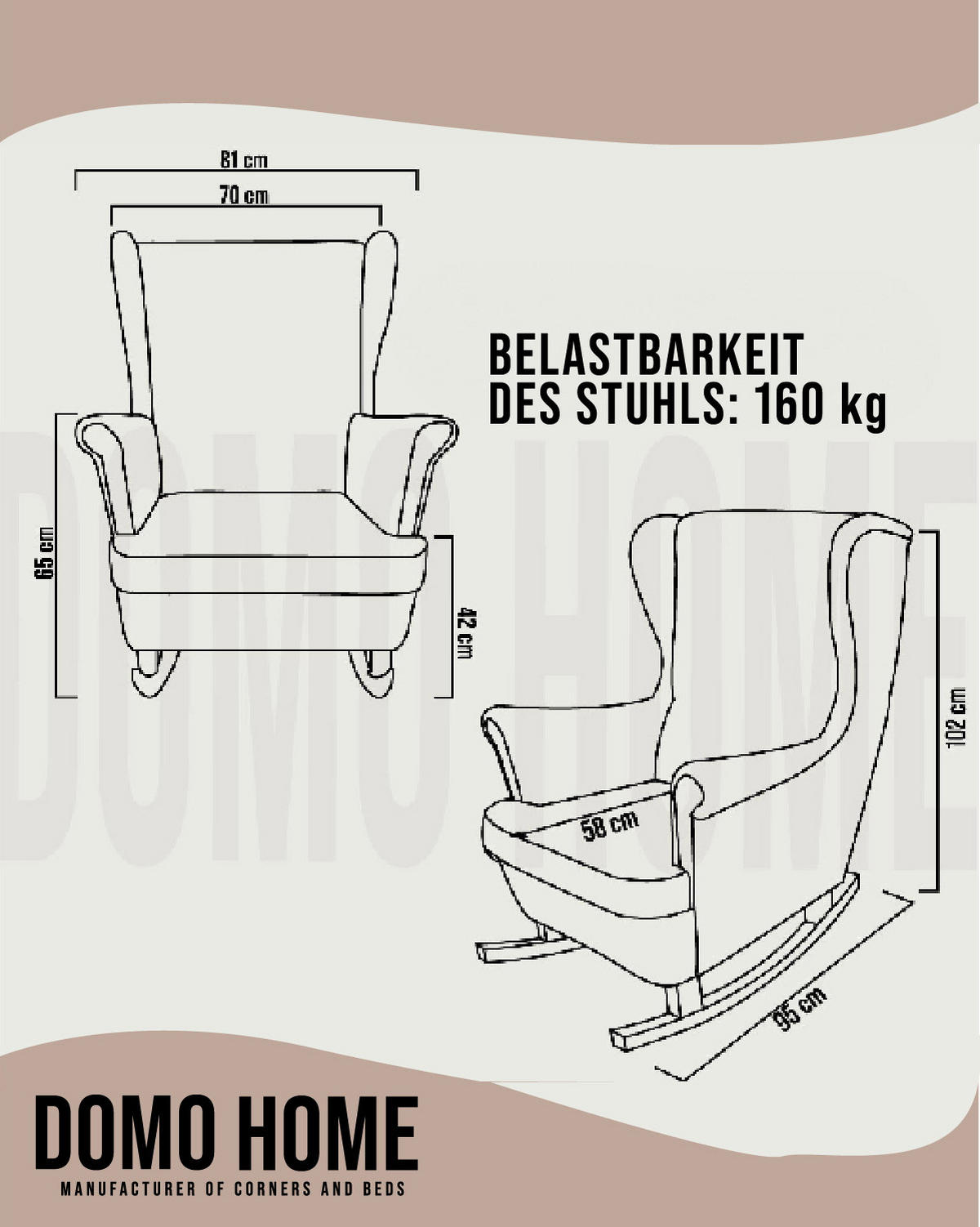 SCHAUKELSESSEL mit gepolstertem Sitz und Armlehnen, 102x81x95 cm, Cappuccino_29839 - Greige/Braun, Holz/Textil (81/102/95cm) - DomoHome