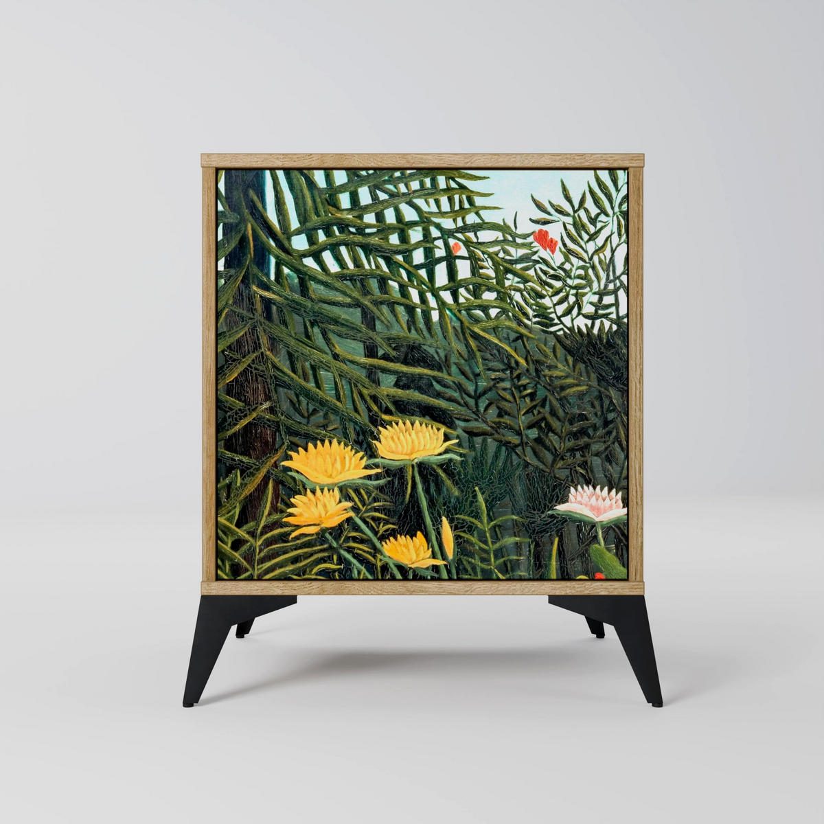 SIDEBOARD VIRGIN FOREST WITH SUNSET, Eichefarben, 57,5x42x75,5 cm, Goldfarbene Metallfüße - Eichefarben/Goldfarben, Holzwerkstoff/Metall (57.5/75.5/42cm) - SpaceRebels