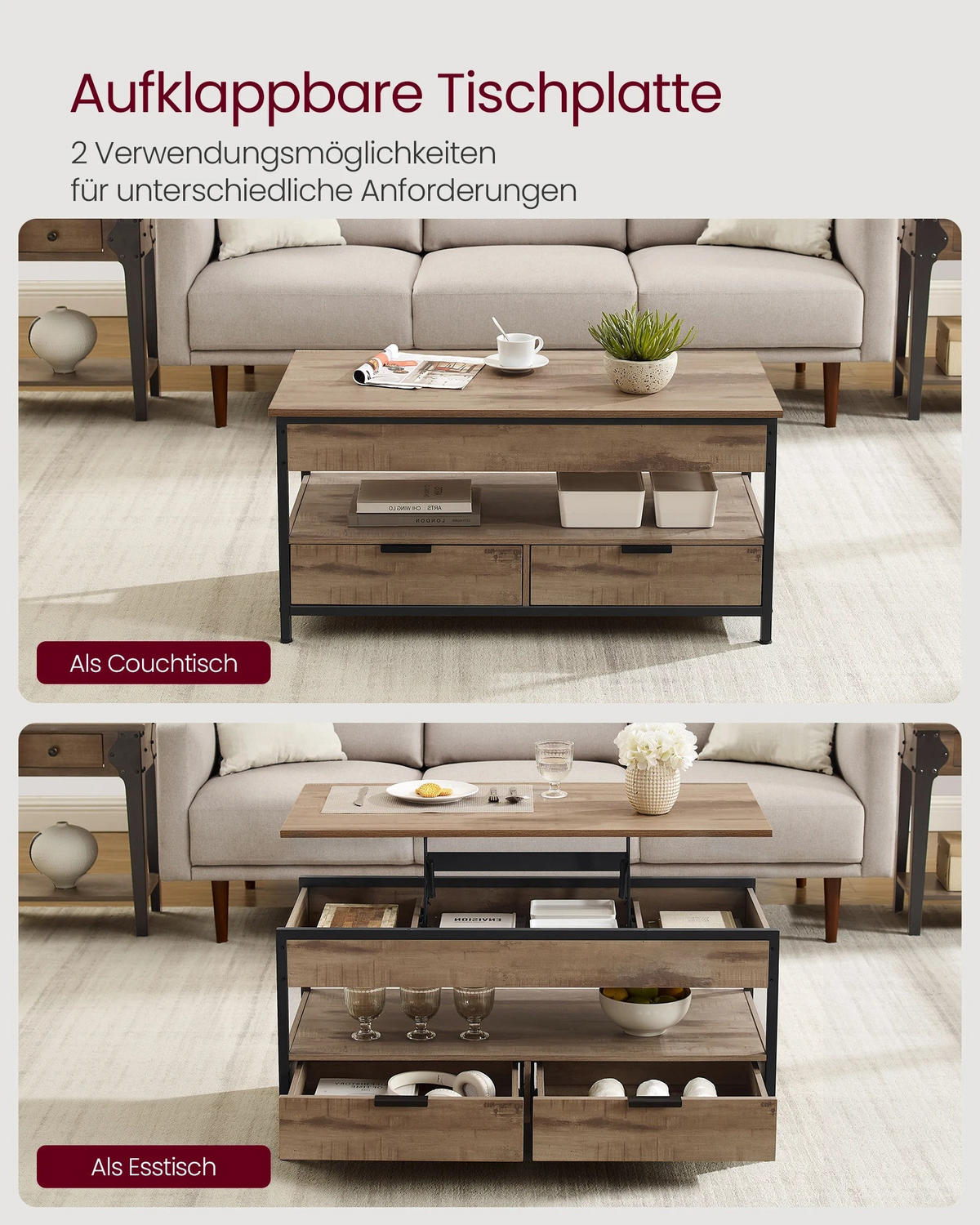 COUCHTISCH, Braun, höhenverstellbar, mit Schubladen - Braun, Holzwerkstoff (50/100/63cm) - Kaket