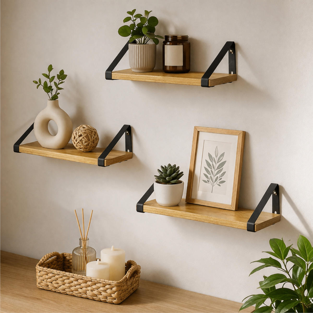 WANDREGAL Holzoptik Metall Eichefarben Schwarz SET 3 STK 40x12x11 cm 35x12x11 cm 30x12x11 cm - Eichefarben/Schwarz, Holzwerkstoff/Metall (12/11/40cm) - Begryf