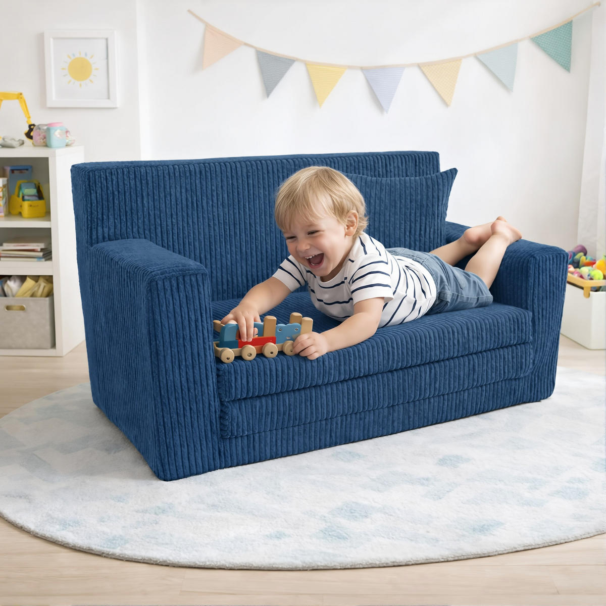 KINDERSOFA aus kuscheligem Cord in Navyblau - Dunkelblau, Textil (83/47/43cm) - Fortisline