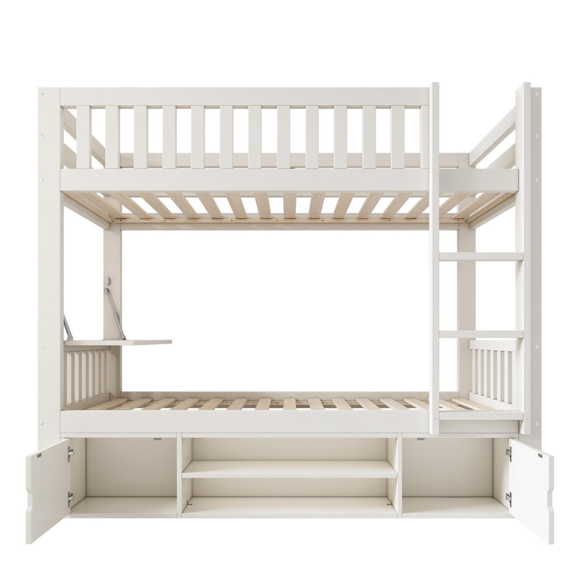 ETAGENBETT aus Kiefernholz, MDF und Sperrholz 90x200 cm Weiß mit klappbarem Tisch, Schuhregal und Stauraum - Weiß, Holzwerkstoff (90/200cm) - Modfu