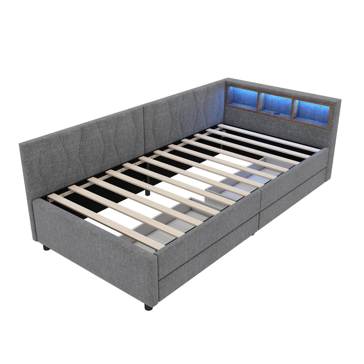 TAGEBETT 90x200cm Grau Leinen Ablagefach 2 Schubladen USB-C - Grau, Holz (90/200cm) - FLIEKS