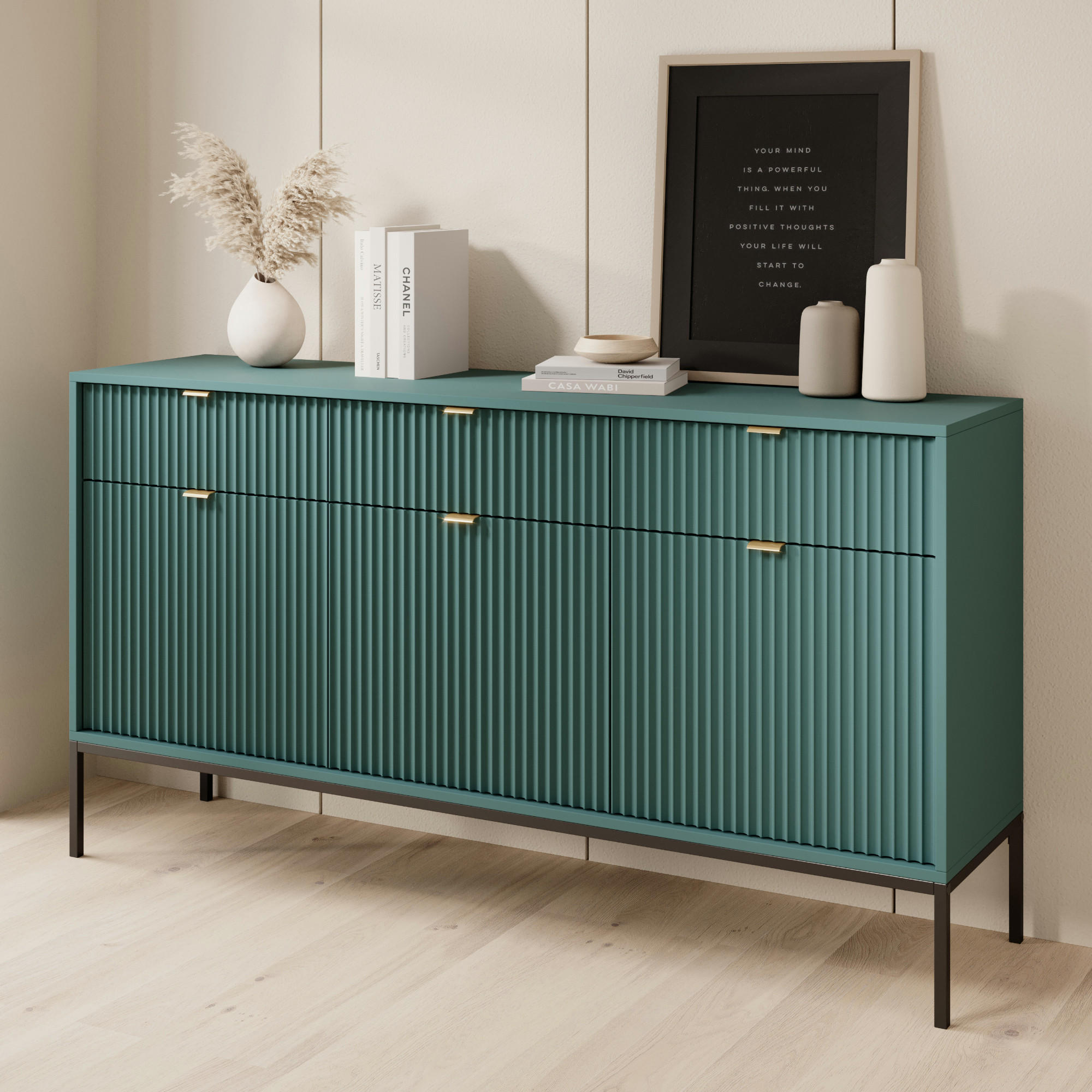 SIDEBOARD NANAIMO KOM3-3D3S Profilierte Fronten, Grün - Grün, Holzwerkstoff/Kunststoff (154/83/39cm) - Komodee
