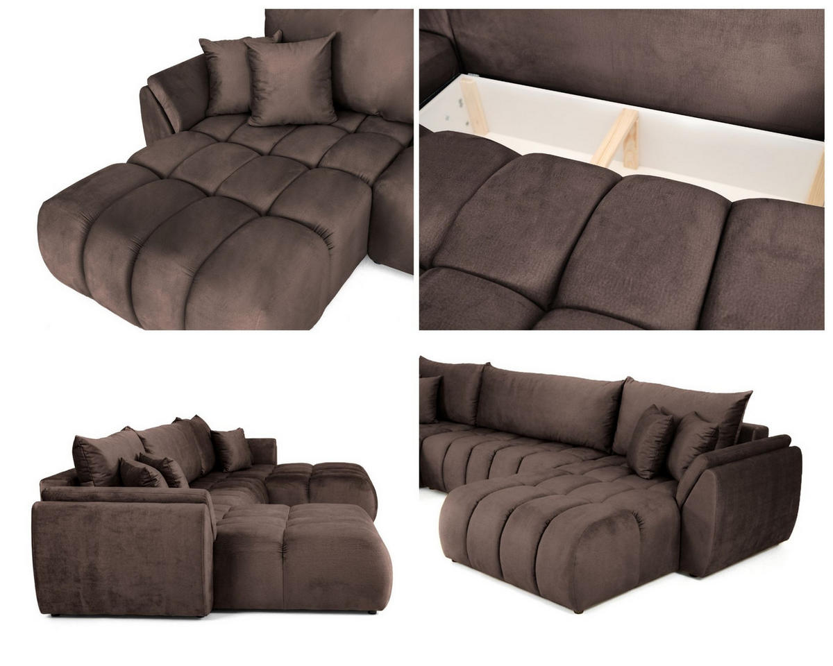 ECKSOFA Iris U mit Schlaffunktion und Bettkasten, U-Form – Braun Samt 382/184/85 cm - Schwarz/Braun, Kunststoff/Textil (382/184cm) - WFL GROUP