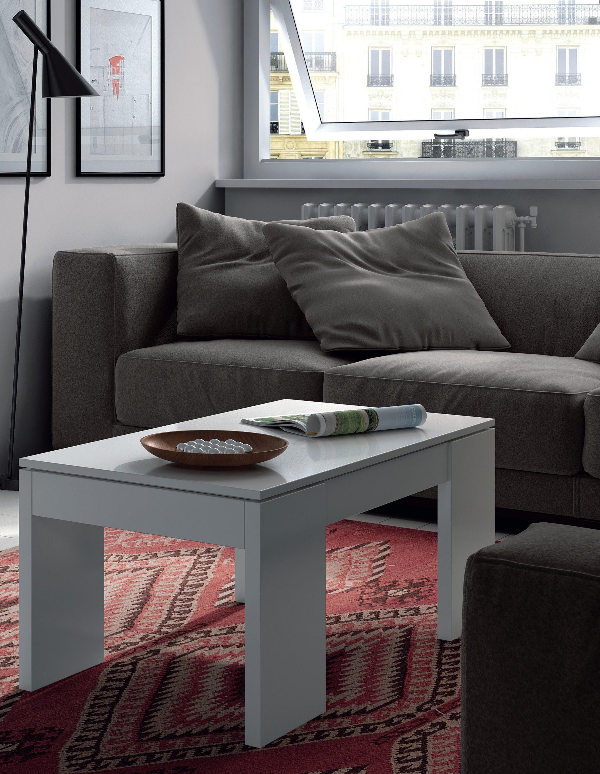COUCHTISCH mit hochklappbarer Platte L100 cm - Kendra - Weiß, Holzwerkstoff (100/50/43cm) - Calicosy