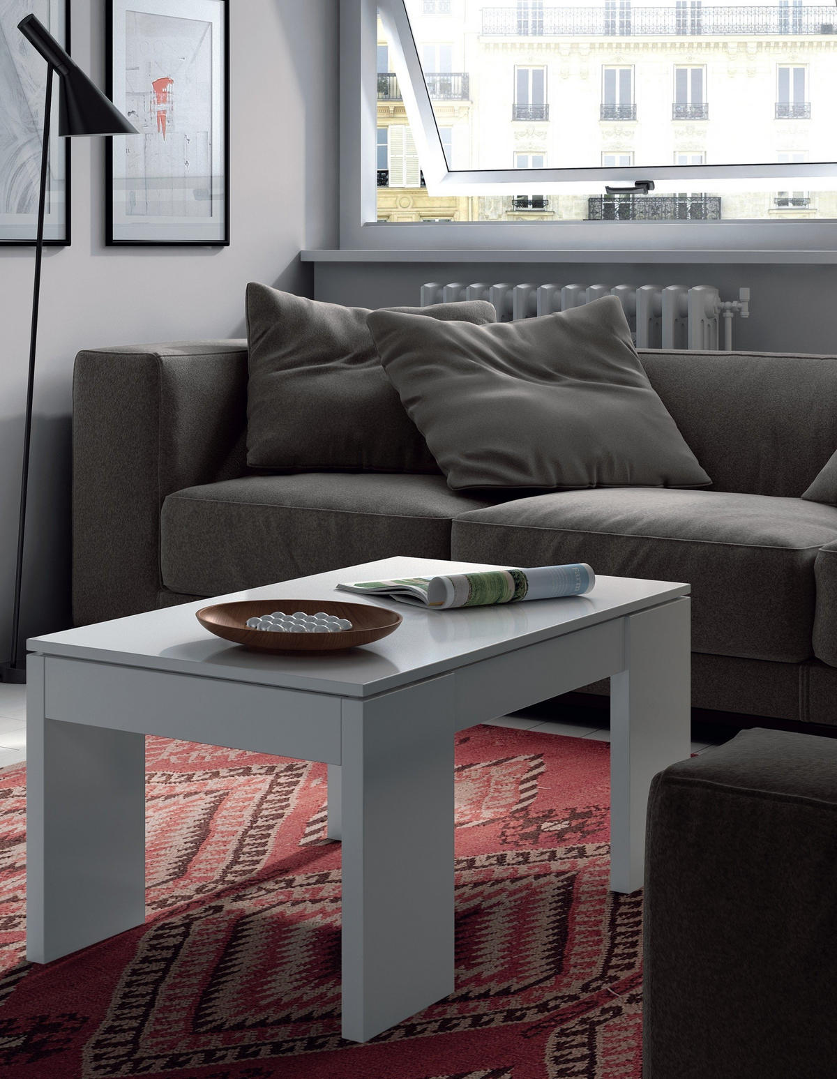 COUCHTISCH mit hochklappbarer Platte L100 cm - Kendra - Weiß, Holzwerkstoff (100/50/43cm) - Calicosy