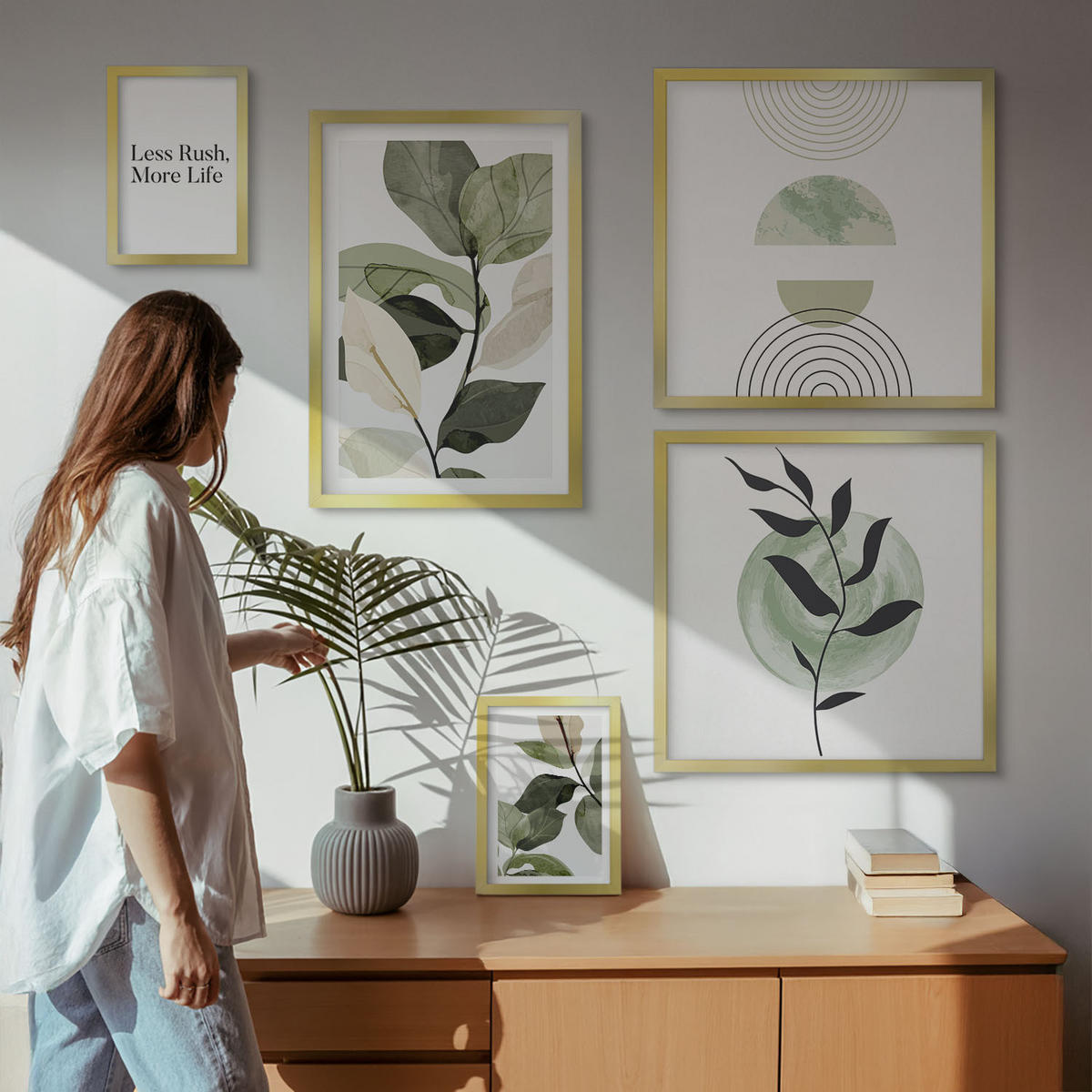 WANDBILDER 5er Set - 50x50 cm & 20x30 cm & 40x60 cm Goldrahmen - Geometrische Pflanzenformen - Goldfarben, Kunststoff (40/60cm) - ArtPrintCave