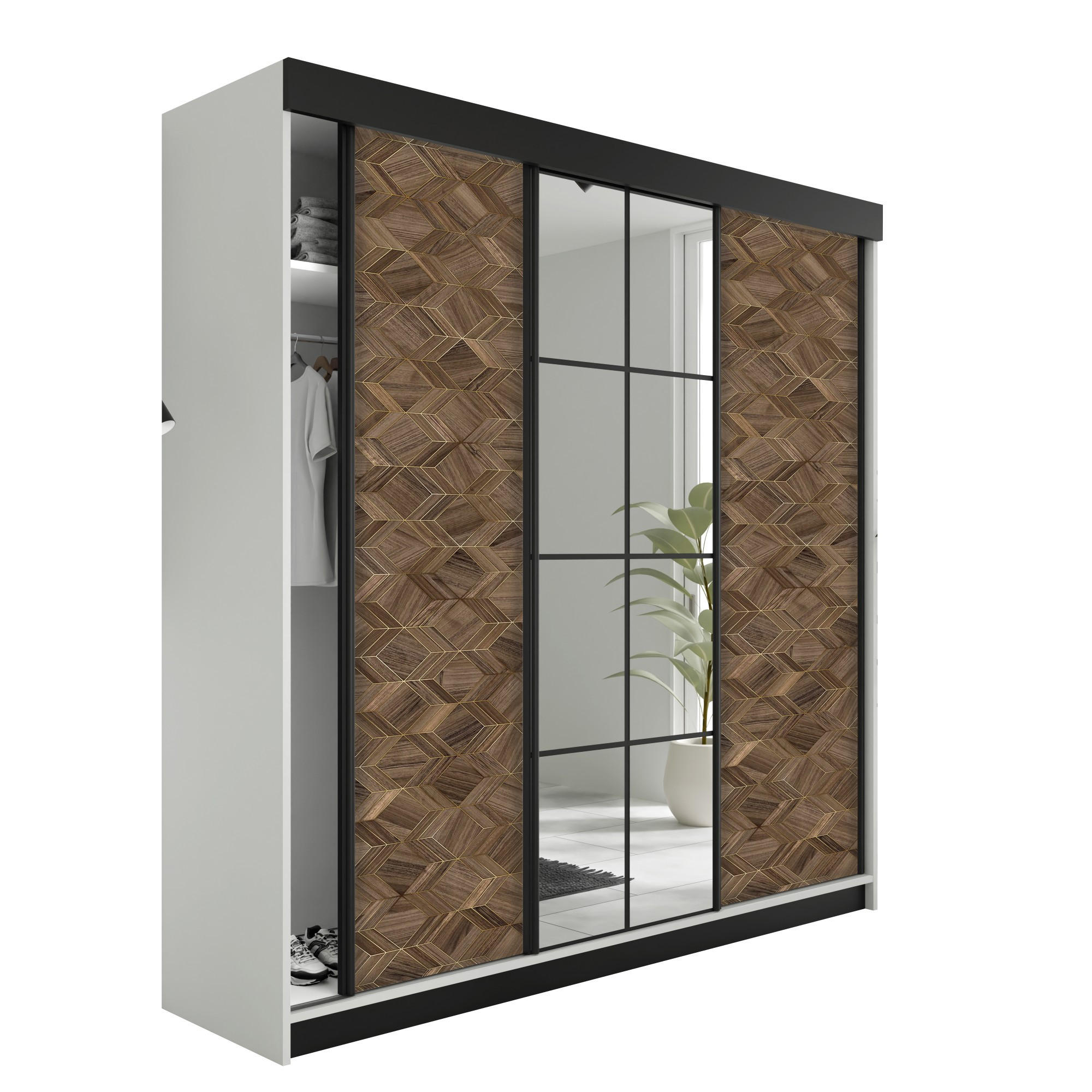 POSUVNÁ ŠATNÍ SKŘÍŇ LAMARO - 200x205x59cm - Bílá & Art Deco - bílá/zlatá, kompozitní dřevo (200/205/59cm) - Kier Furniture