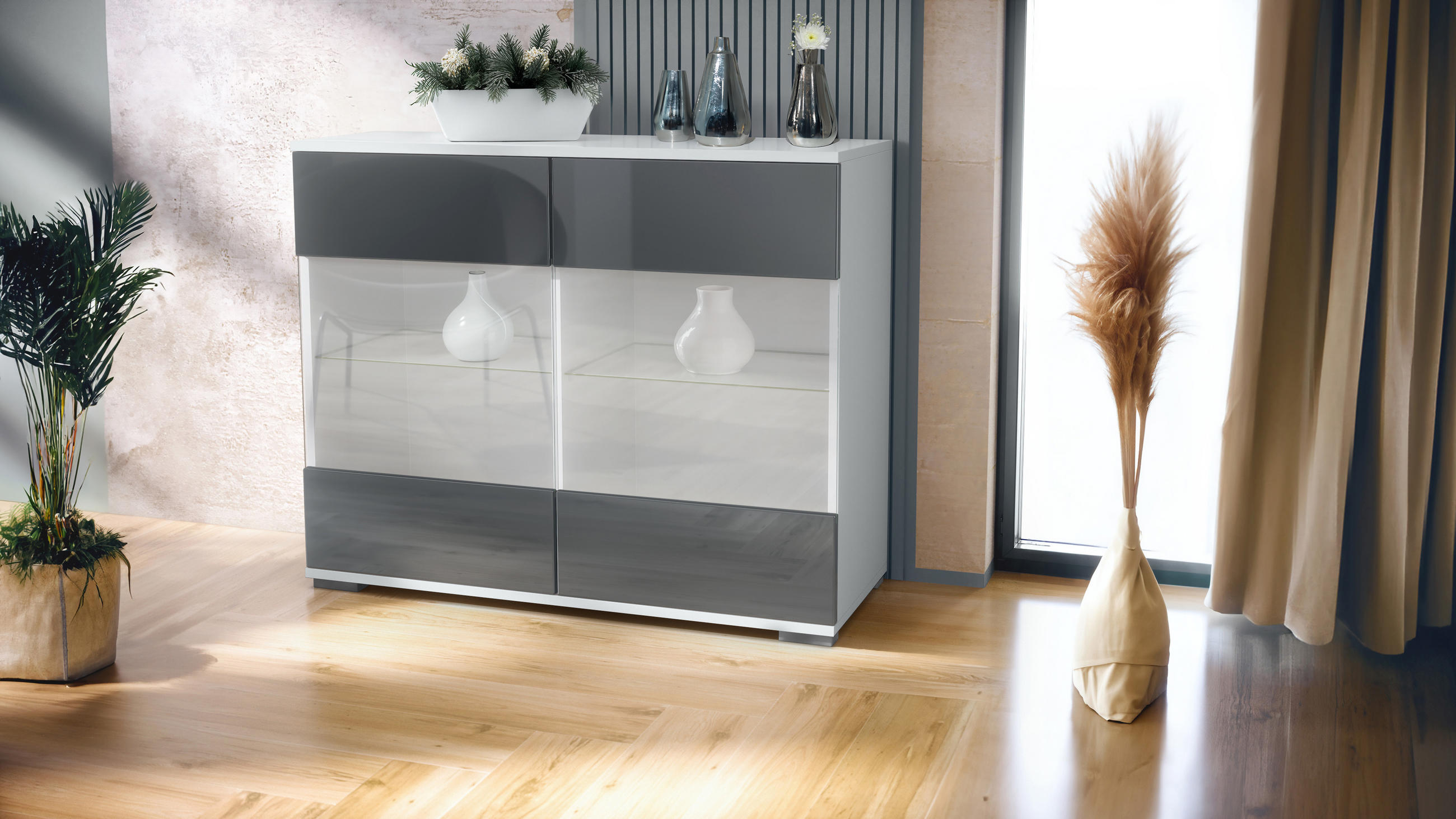 KOMMODE Bari Grau Hochglanz - Grau, Holzwerkstoff (92.5/75.5/35cm) - Vladon