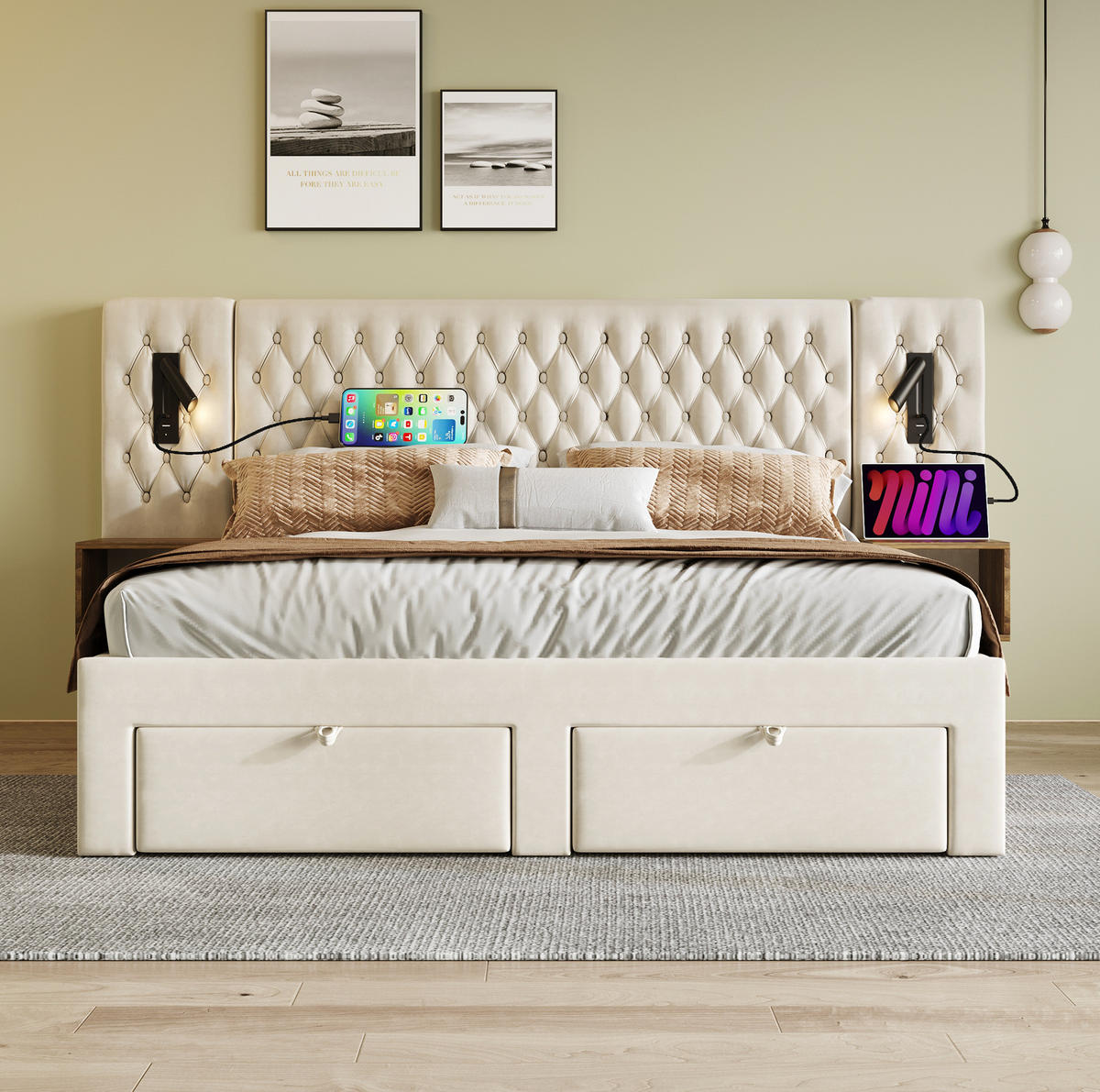 BETTANLAGE mit 2 Nachttischen und 4 Schubladen 180x200 cm Samt Beige - Beige, Metall (180/200cm) - Meubliv