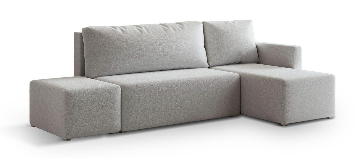 ECKSOFA VELOTTI R-S Hellgrau Boucle-Stoff mit Schlaffunktion - Hellgrau, Holz (261/143cm) - MASSENO
