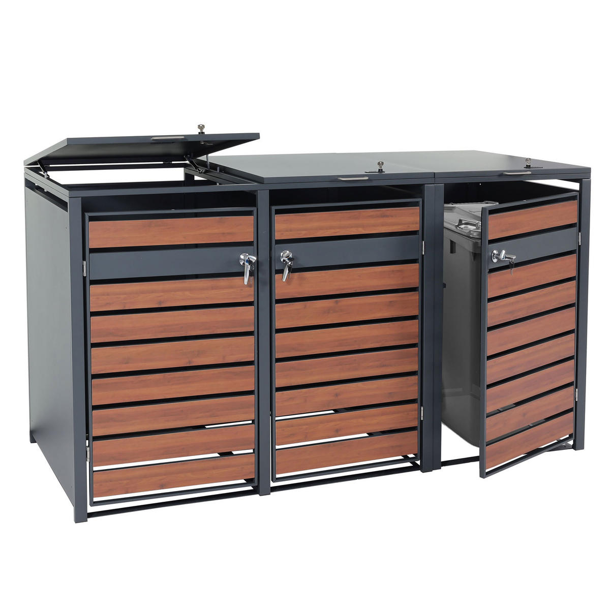 MÜLLTONNENBOX 3er 117x200x80cm Anthrazit Kirsche-Holzoptik Dunkelbraun - Kirschbaumfarben, Metall (200/117/80cm) - PROREGAL