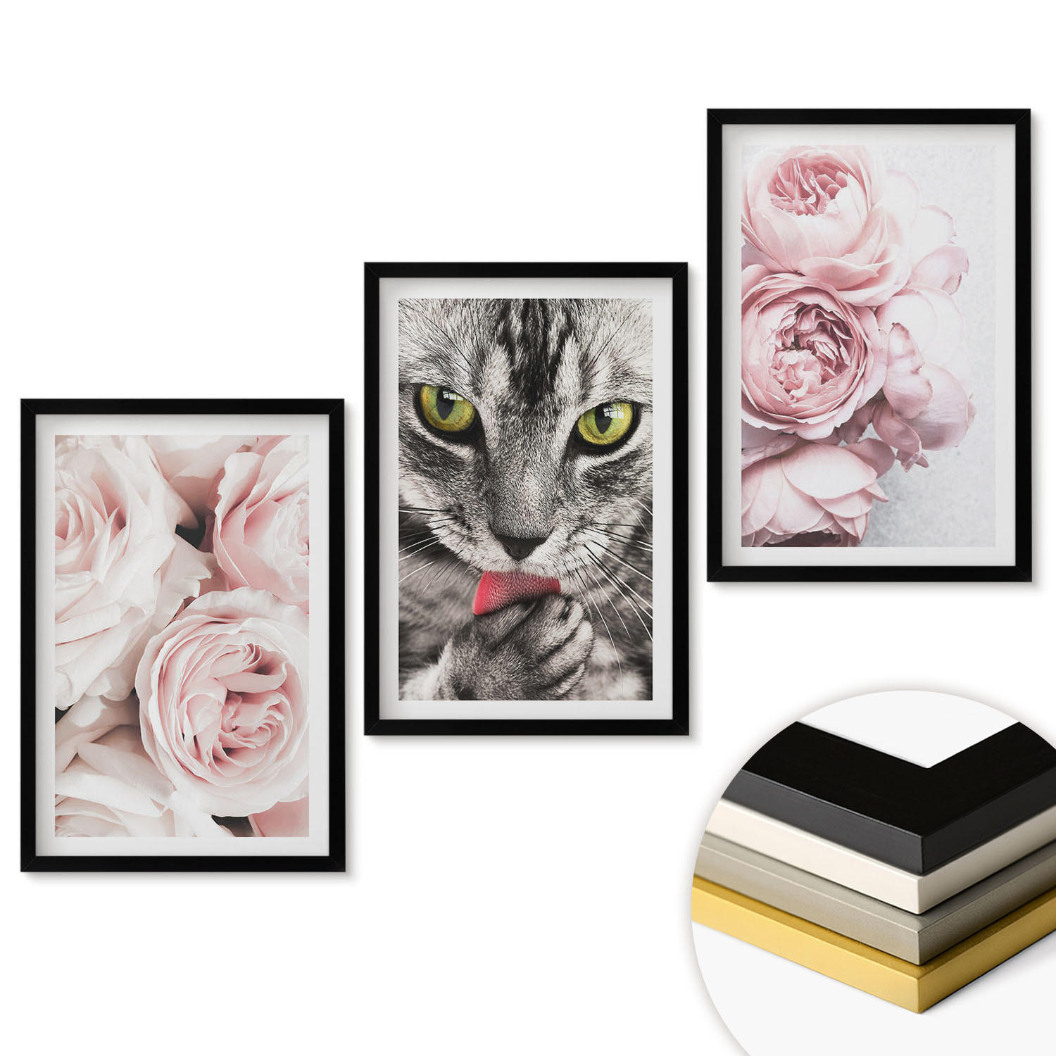 WANDBILDER 3er-Set - 40x60 cm Schwarzer Rahmen - Katze in rosa Blumen - Schwarz, Kunststoff (40/60cm) - ArtPrintCave