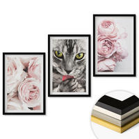 WANDBILDER 3er-Set - 40x60 cm Schwarzer Rahmen - Katze in rosa Blumen - Schwarz, Kunststoff (40/60cm) - ArtPrintCave