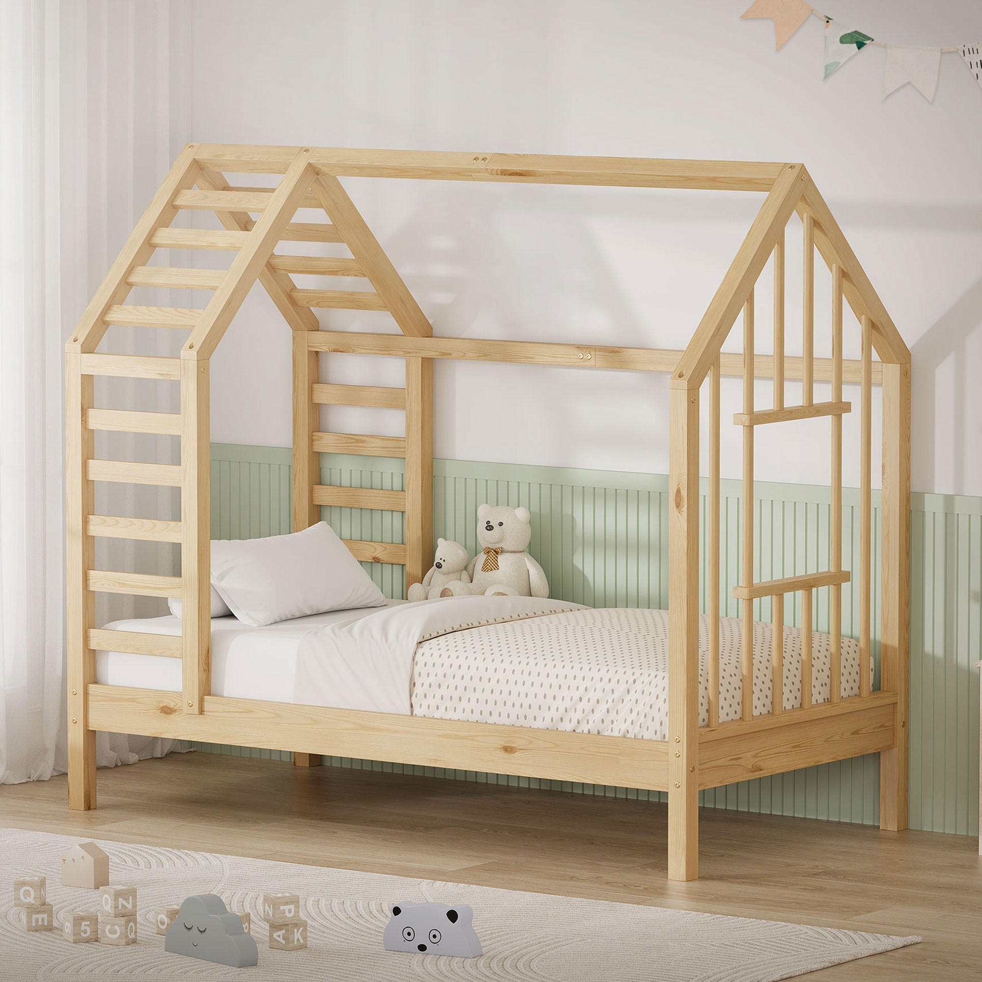 ML-DESIGN DĚTSKÁ POSTEL 70x140 cm s lamelovým roštem, střechou a oknem – postel ve tvaru domečku z masivního borovicového dřeva v přírodní barvě