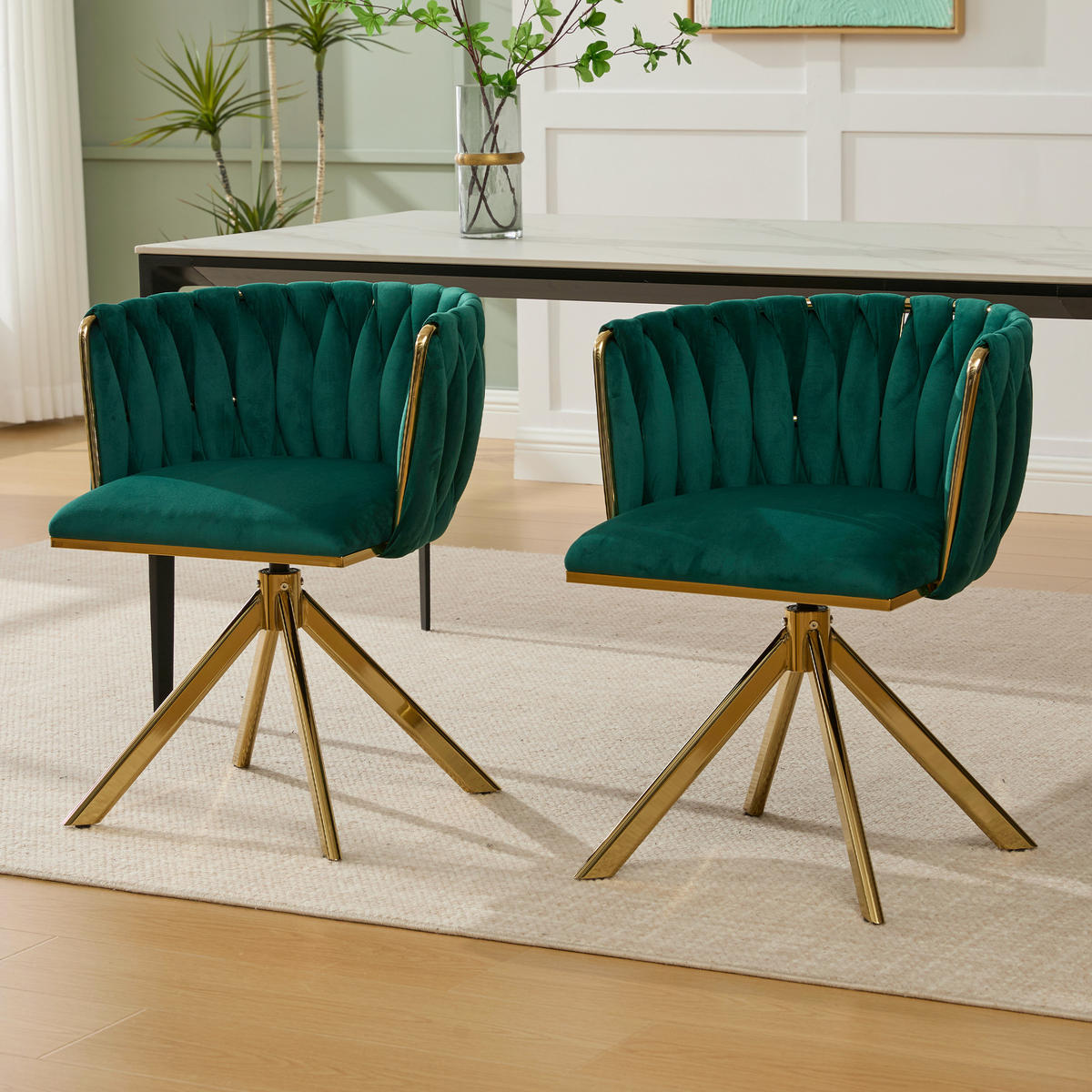 ARMLEHNSTUHL(SET à 2 Stück) mit Metallgestell - ergonomische Rückenlehne und 180° Schwenkfunktion - Smaragdgrün - Dunkelgrün, Textil/Metall (50/70/56cm) - KOMHTOM