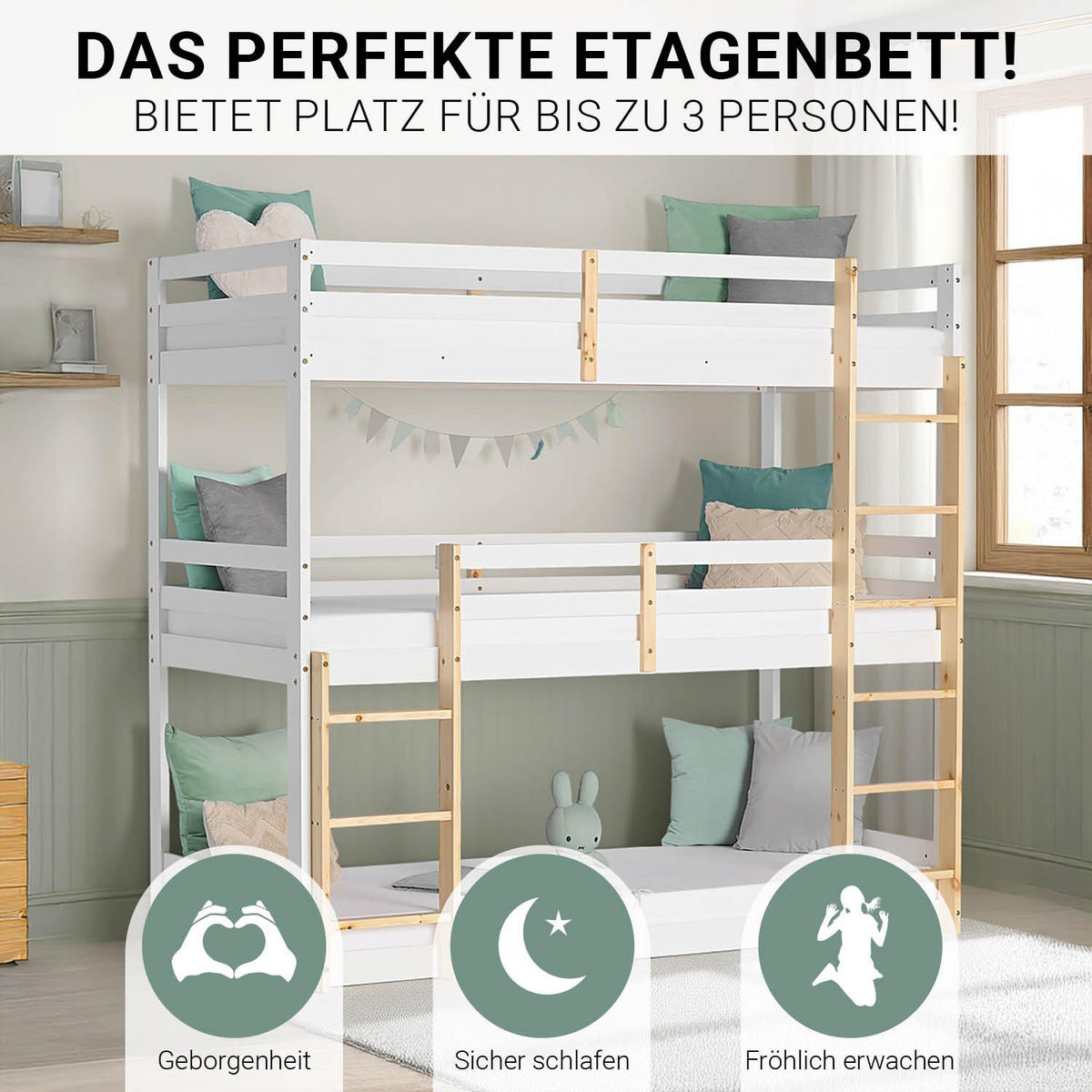ETAGENBETT 90/200 cm Weiß Natur für 3 Kinder - Weiß, Holz (90/200cm) - Homestyle4u