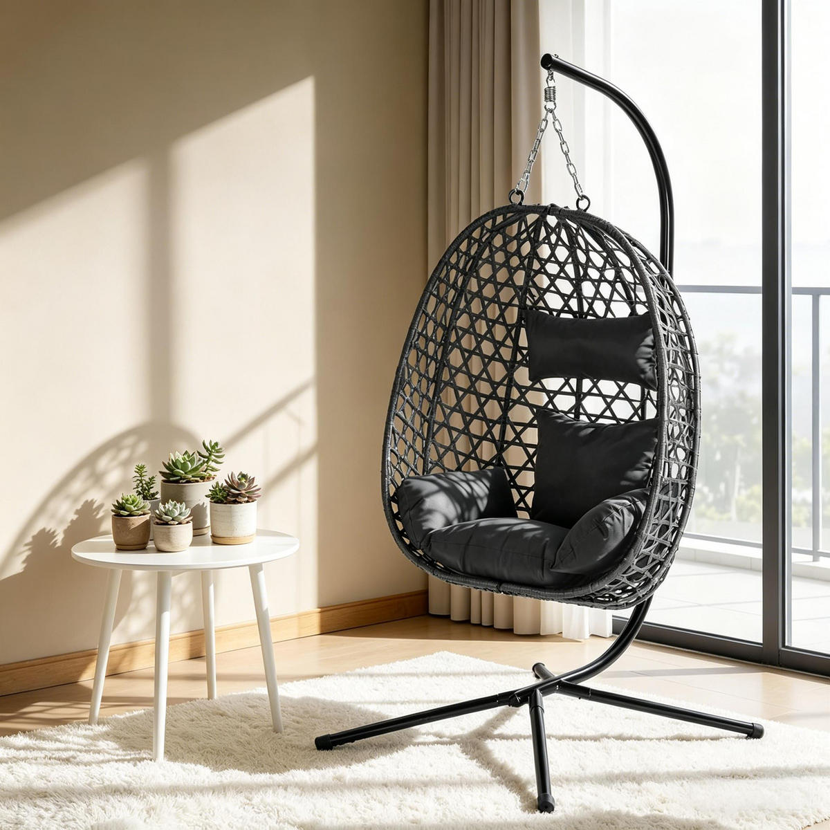 HÄNGESESSEL PE-Rattan höhenverstellbar, DE-42142, Anthrazit - Anthrazit, Metall (105/195/105cm) - ComfortXL