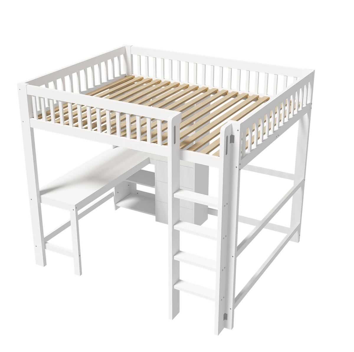 HOCHBETT aus Kiefernholz 140x200 cm Weiß mit Schreibtisch, 3 Schubladen, Ablagefächern und Leiter - Weiß, Holzwerkstoff (90/200cm) - Modfu