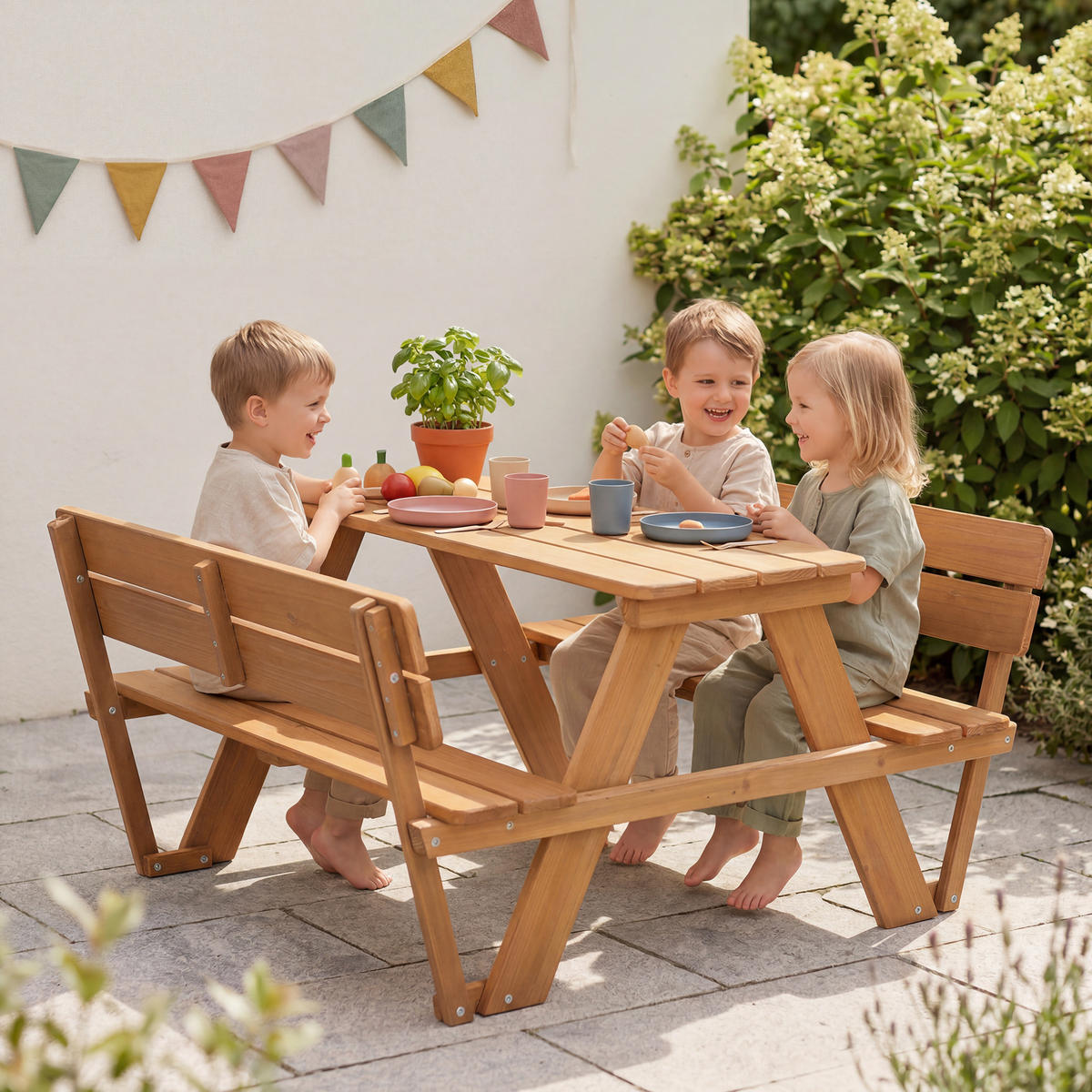KINDERSITZGRUPPE PICKNICK for 4' Outdoor + teak mit Lehne und Bankkissen - Teakfarben, Holz - Roba