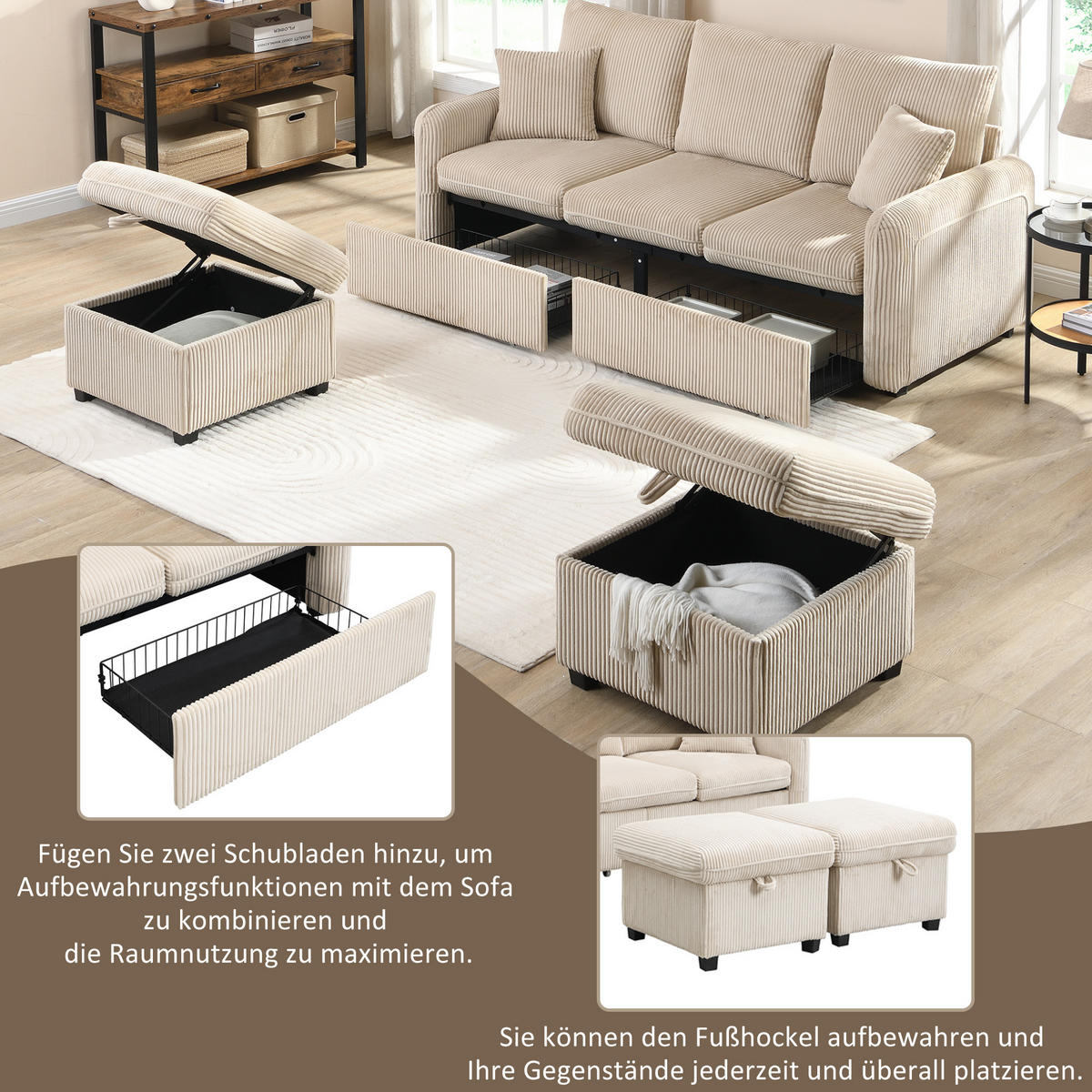 WOHNLANDSCHAFT 188/186/86 cm Dunkelgrau mit 2 Fußhocker und 2 Schubladen - Beige, Textil (188/86/186cm) - Oxeza