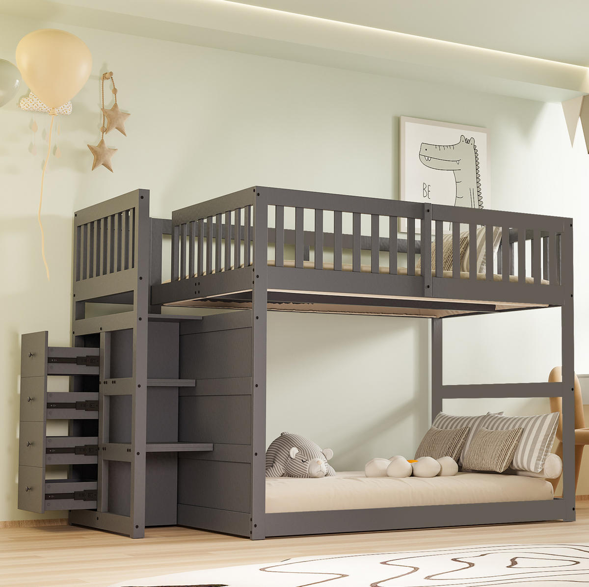 ETAGENBETT 140/200 cm mit Sicherheitstreppe und 4 Schubladen, Grau - Grau, Holzwerkstoff (140/200cm) - Redom