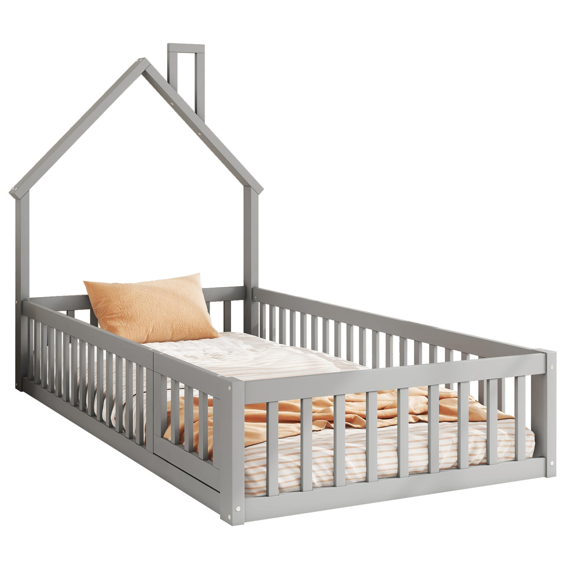 HAUSBETT Schornsteinform 90/200 cm, Grau mit Sicherheitsgitter - Grau, Holz (90/200cm) - MIVRAY