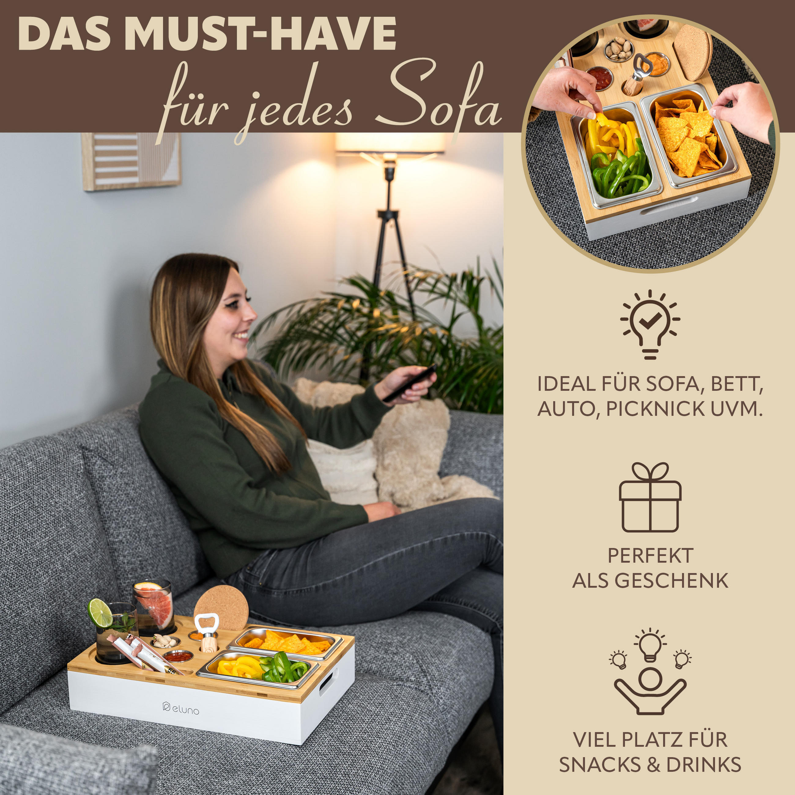 Thumbnail - eluno Couchbar, Creme, Holz, 40x8x26 cm, Tischkultur & Servieren, Servierplatten