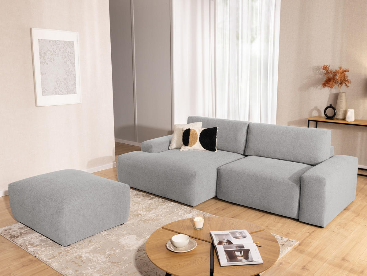 ECKSOFA inkl. Hocker Lennon aus Hellgrau Strukturstoff mit Schlaffunktion und Bettkasten - Hellgrau/Schwarz, Holz/Kunststoff (137/264cm) - S-Style