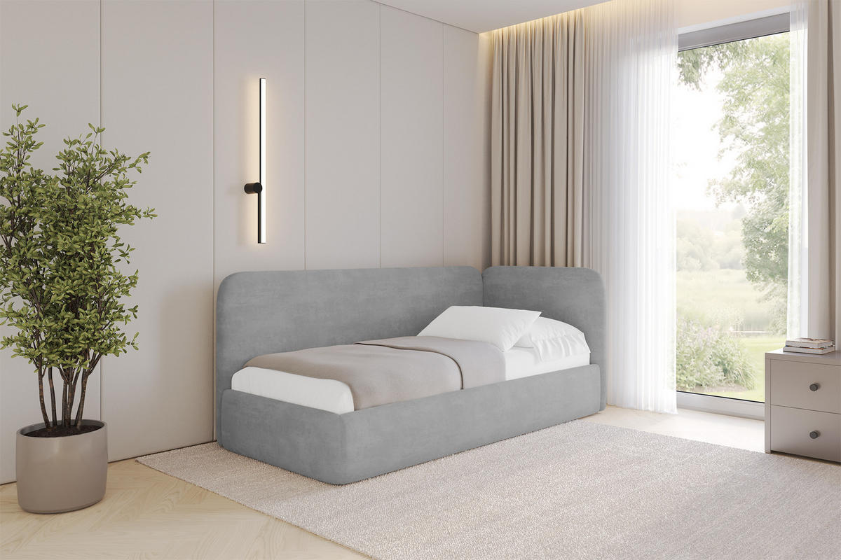 EINZELLBETT Jugendbett mit Bettkasten und Matratze H3/H4, Links - ELSY 100x200 Grau - Hellgrau, Holzwerkstoff/Textil (100/200cm) - ALTDECOR