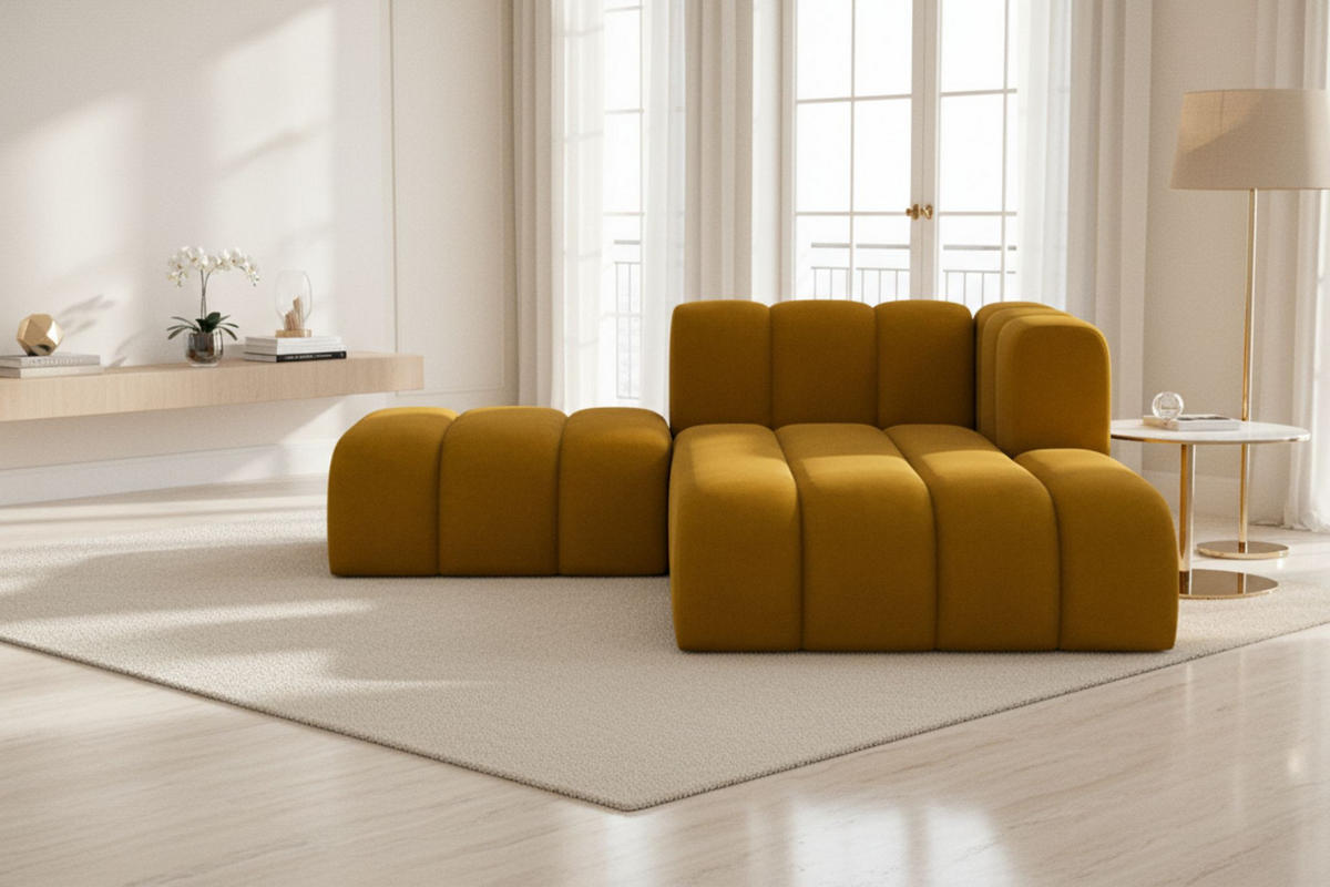 CHAISELONGUE Mit Hocker Grand, Veloursstoff Salvador, Gelb, Rechts - Gelb, Holz (204/179cm) - Kaiser Möbel