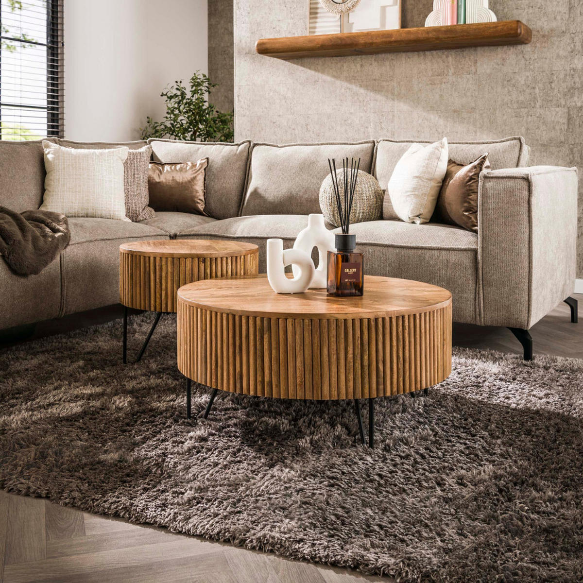 COUCHTISCH Set ELIO TAMBURO Runde Satztische aus Mangoholz im Lamellen-Design - Sandfarben, Holz (80/80/38cm) - alesvelt
