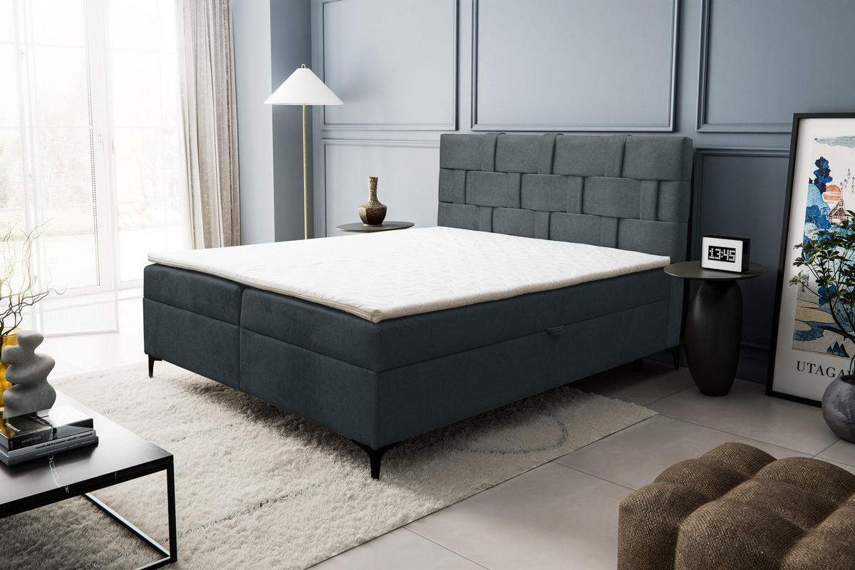 BOXBETT Charlotte mit 2 Bettkästen, Maße: 180x200 cm, Farbe: Dunkelgrau, Velourstoff, mit Bonell-Matratze inkl. Topper - Dunkelgrau, Holz/Kunststoff (180/200cm) - VENASI MÖBEL