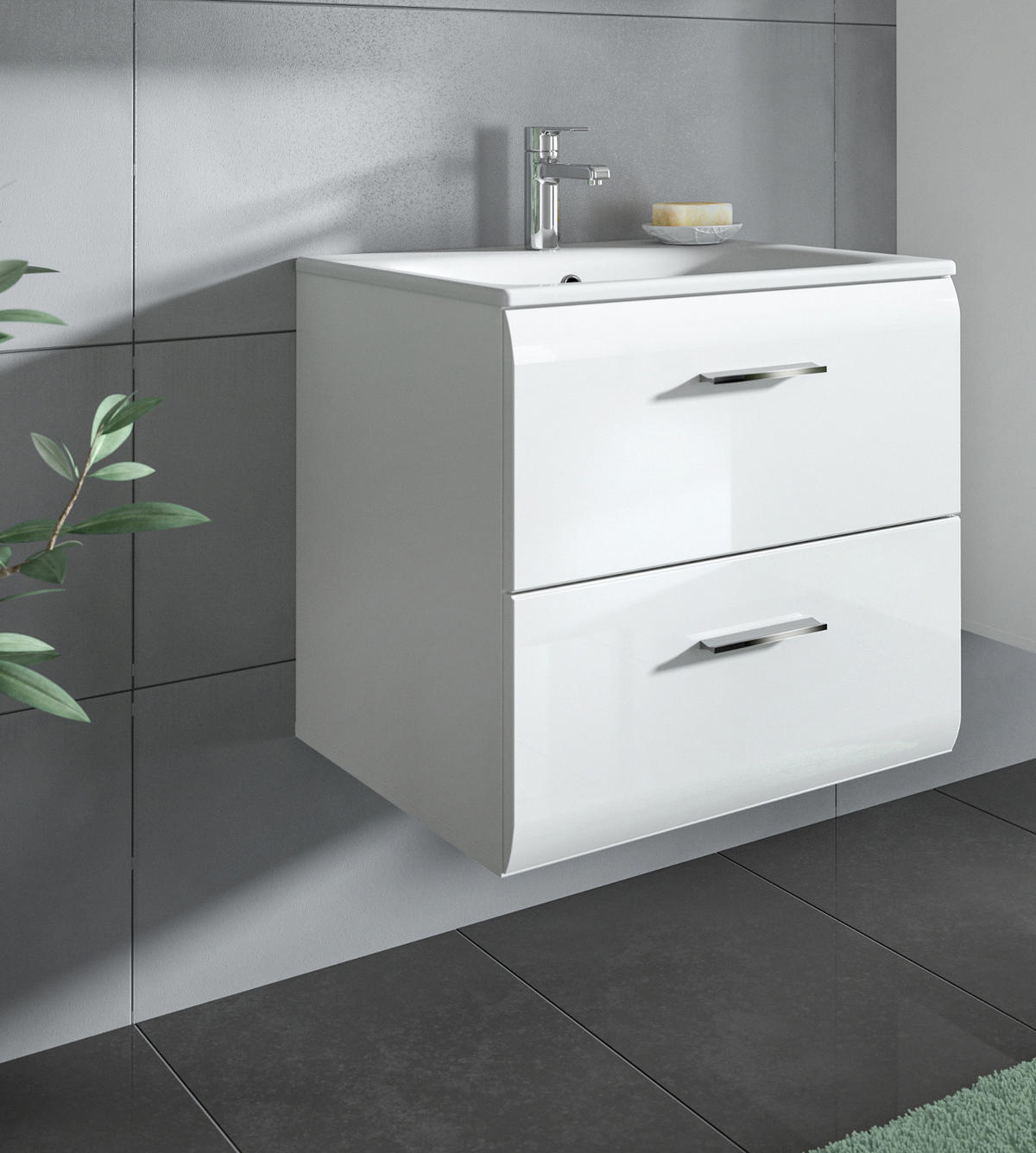 WASCHBECKENUNTERSCHRANK inklusive Waschbecken weiß Hochglanz, Waschtisch hängend - Weiß Hochglanz, Keramik/Holzwerkstoff (60/55/46cm) - Inn.Furn