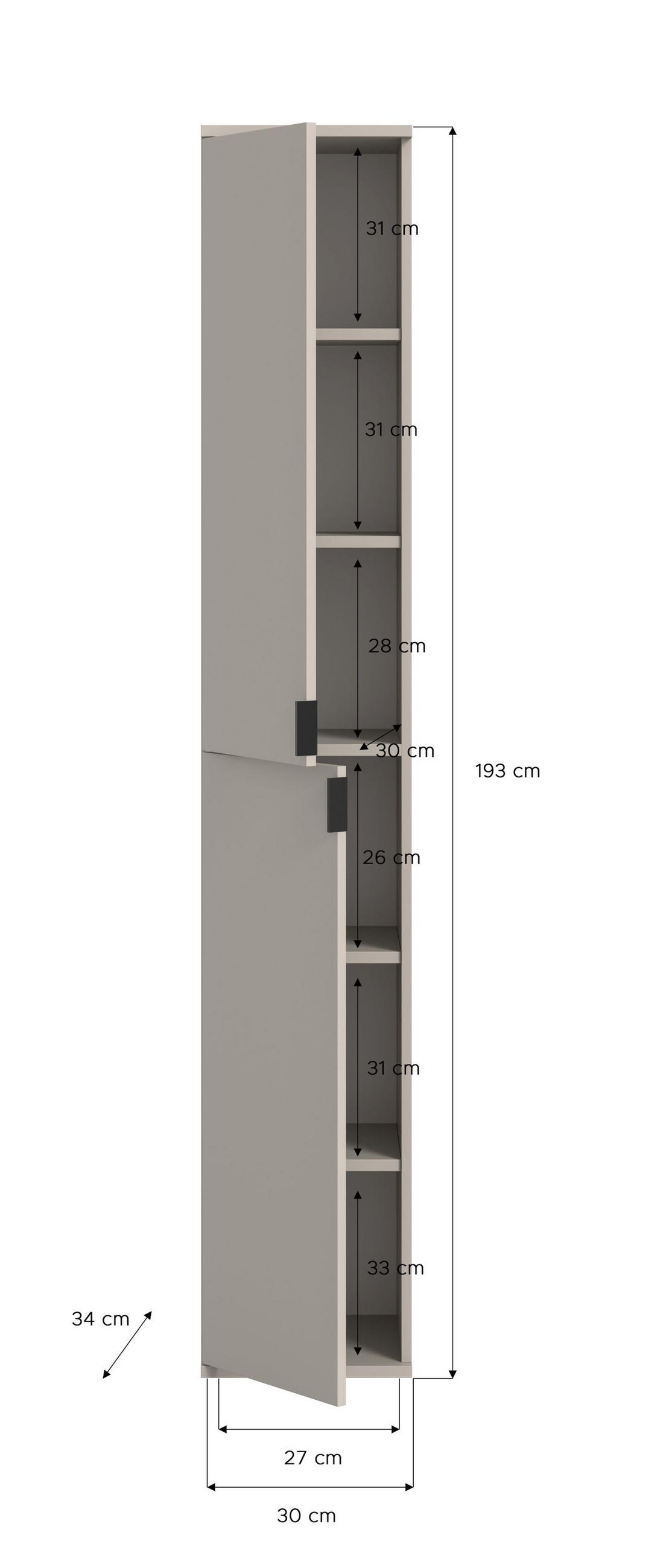 HOCHSCHRANK Projekt X Kaschmir 30/34/193 cm - Beige, Holzwerkstoff (30/193/34cm) - Xonox