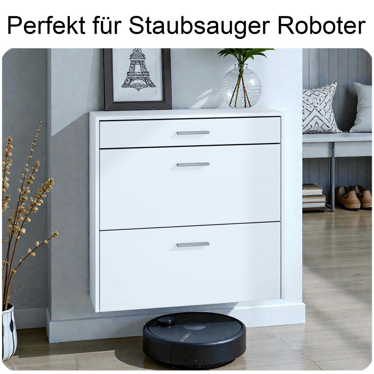 GARDEROBEN-SET Roma Air 4-teilig, Moderne Flurgarderoben Set mit Schuschrank, 2 Wandpaneele und Wandspiegel, Weiß matt/Sandgrau Hochglanz - Beige, Holzwerkstoff (190/200/23cm) - InnoFurn