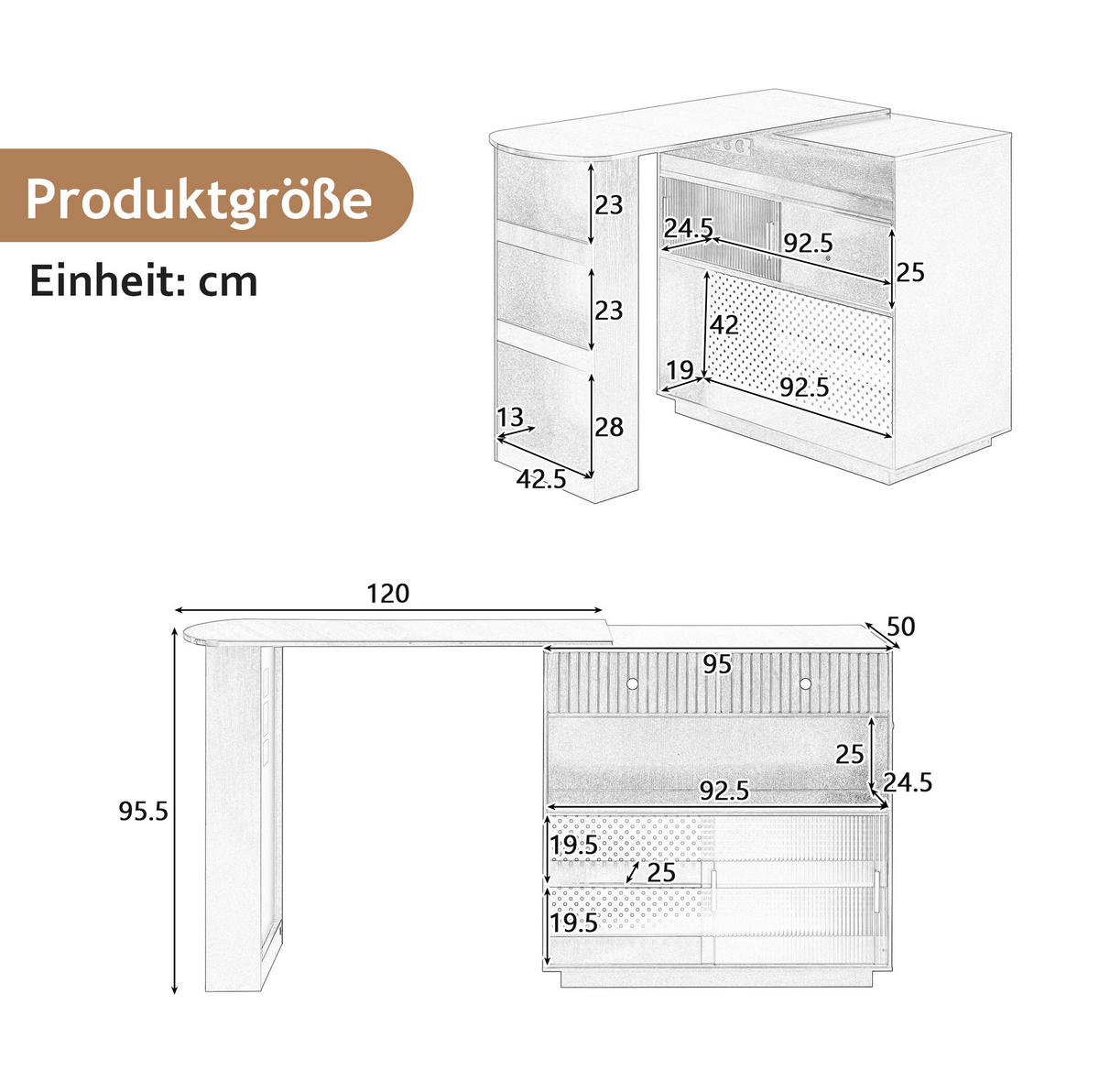 BAROVÝ stolek 120/50/95,5 cm z MDF s LED osvětlením, USB-C a úložným prostorem, Bílá - bílá, kompozitní dřevo (50/120/95.5cm) - Redom