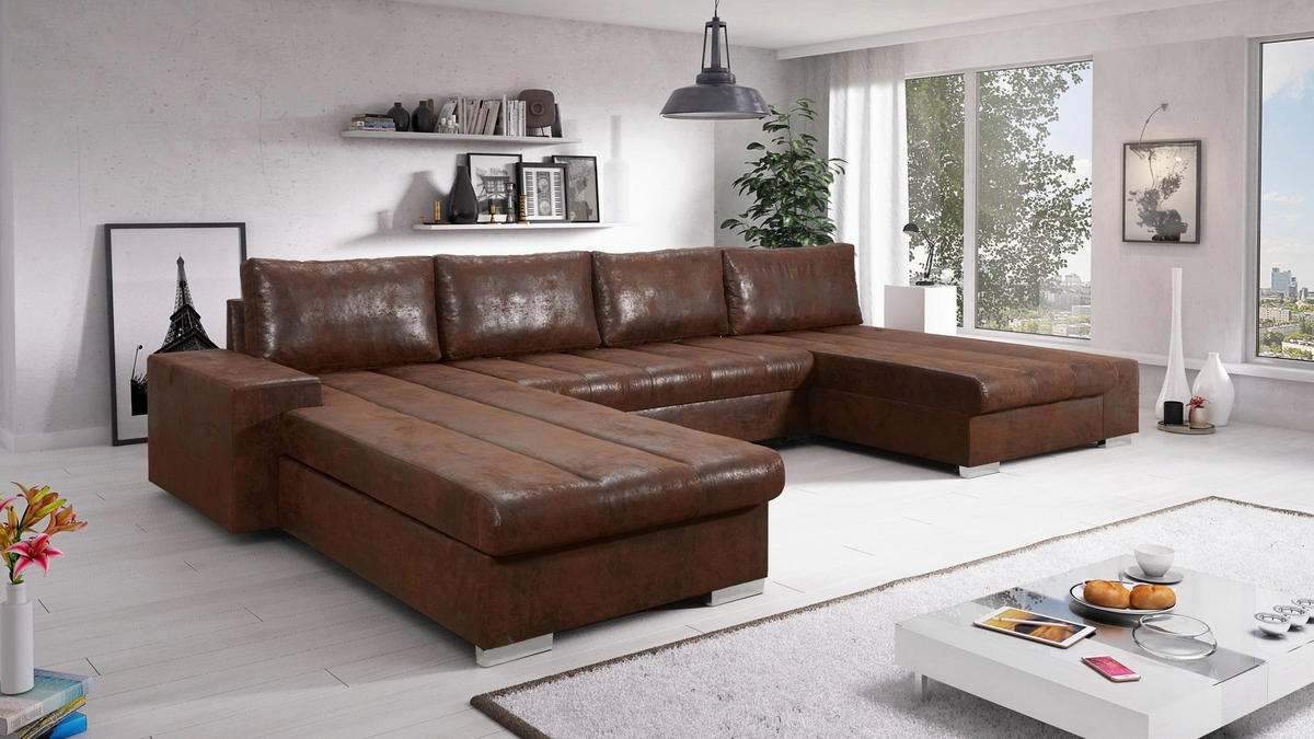 WOHNLANDSCHAFT VERONA U-Form mit Schlaffunktion, Bettkasten und Wellenfederung – Großzügiges Ecksofa 387 cm - Braun, Kunststoff (387/85/213cm) - Wohnideebilder