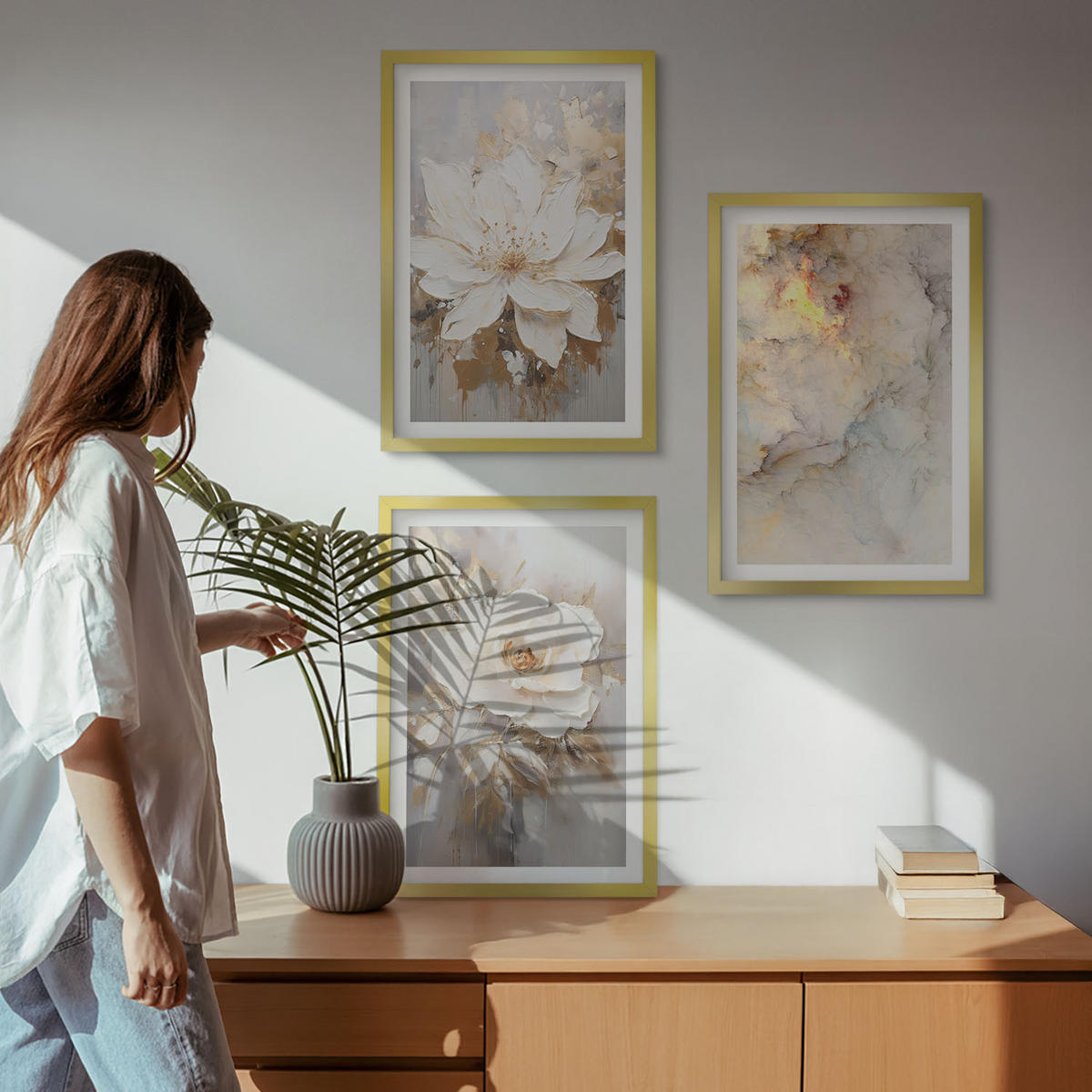 BILDER SET 3er Set - 40x60 cm Goldrahmen - Blumen heller abstrakter Hintergrund - Goldfarben, Kunststoff (40/60cm) - TULUP