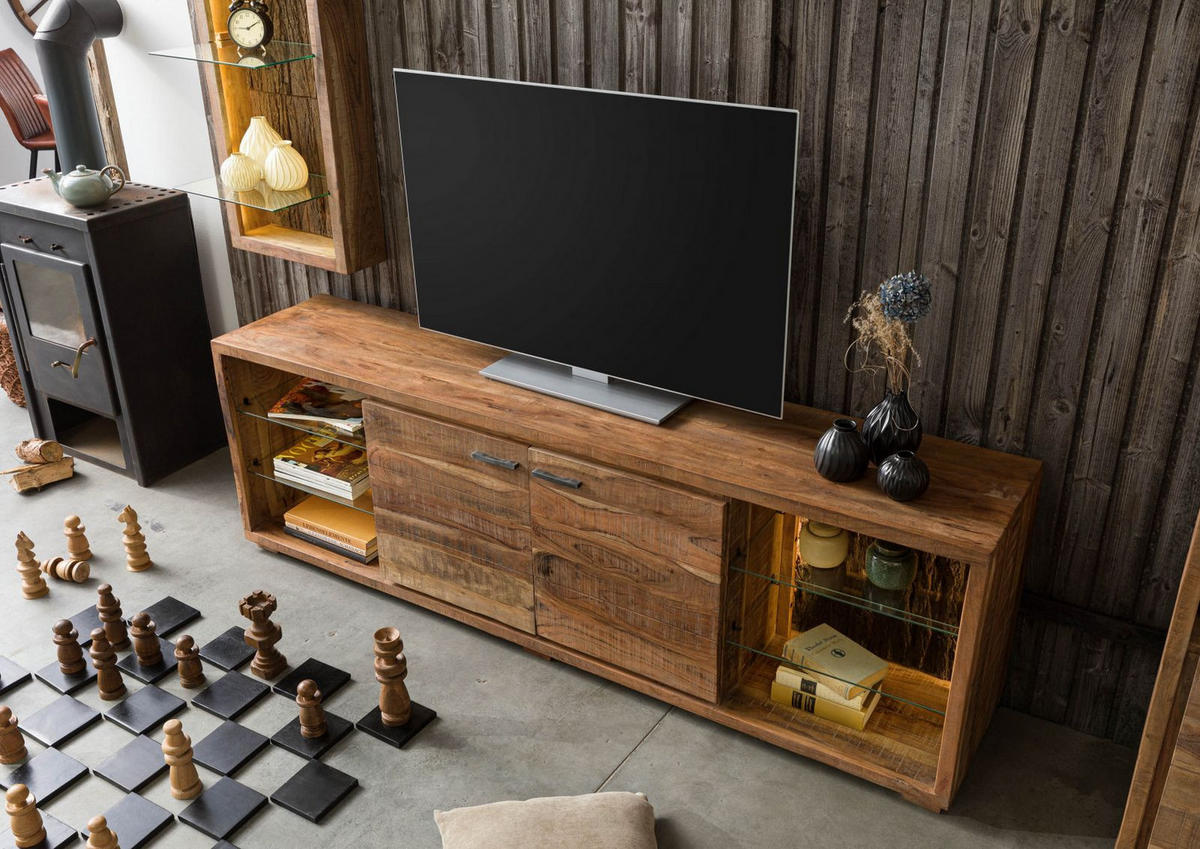 TV-BOARD Akazie 200x40x63 natur lackiert BARK #113 - Naturfarben, Holz (200/63/40cm) - Massivmoebel24