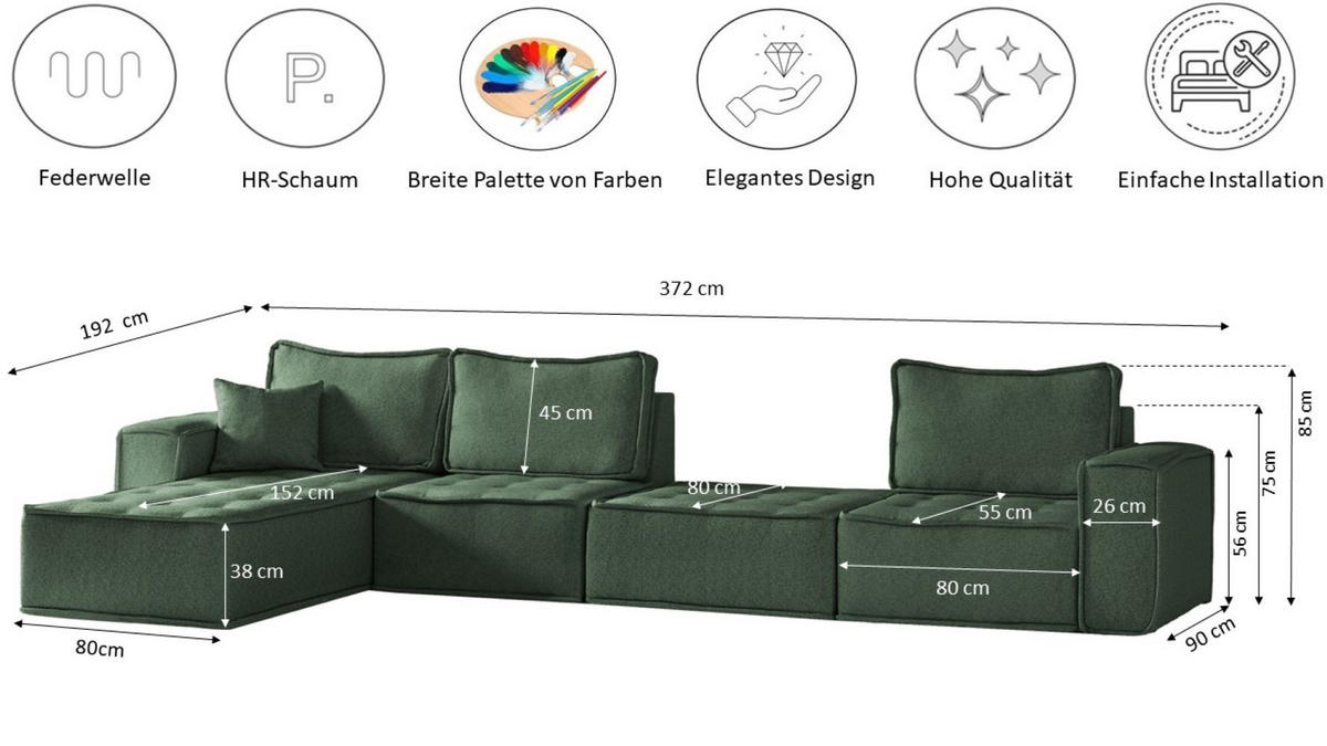 BOHOO modulare Ecke XL Hellgrün Rechts - Hellgrün, Holz (382/192cm) - Kaiser Möbel