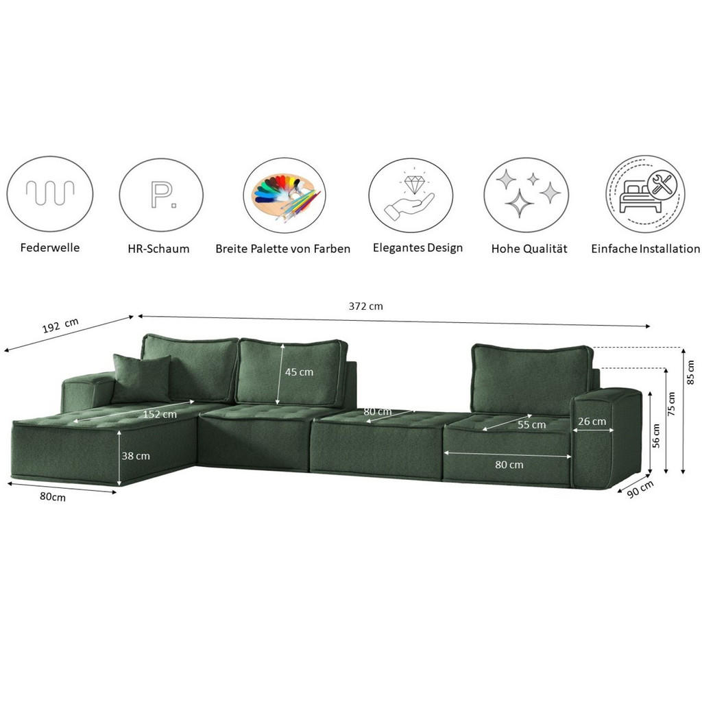 Thumbnail - Kaiser Möbel Bohoo, Hellgrün, Holz, Füllung: Komfortschaum, L-Form,L-Form, 382x192 cm, Wohnzimmer, Sofas & Couches, Wohn...